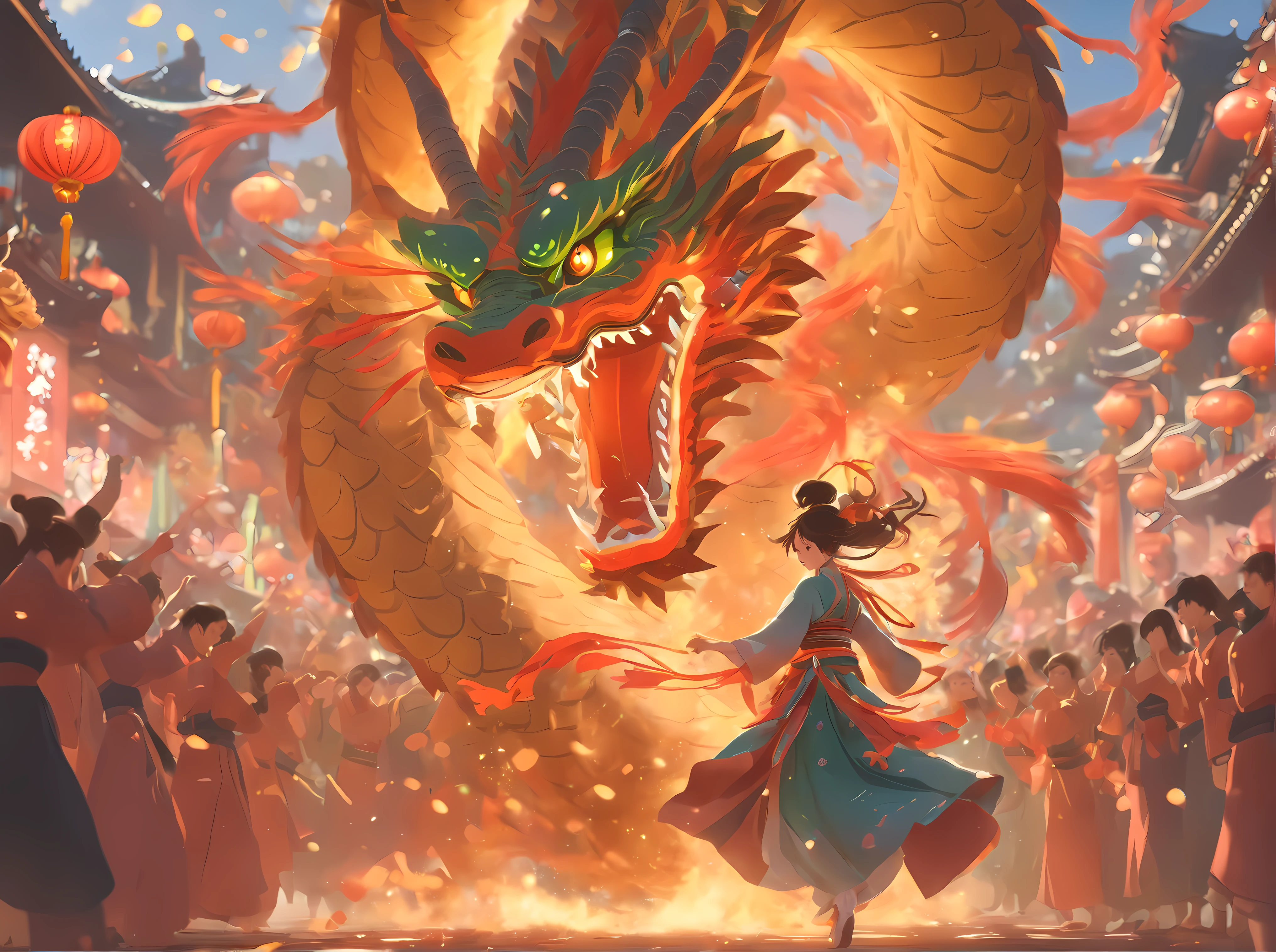 A Beautiful young lady is dancing in tandem with a dragon at the heart of a bustling Chinese New Year parade. Giant dragon puppets snake above, their vibrant colours illuminating the impending martial exchange, firecrackers explode all around, they perform a beautiful dance ritual perfectly synchronised as the crowd watch on, mesmerising dance sequence, breathtakingly beautiful woman, exquisite colour and detail, depth, volumetric light, sub-surface scattering, quixel megascan, absurdres,