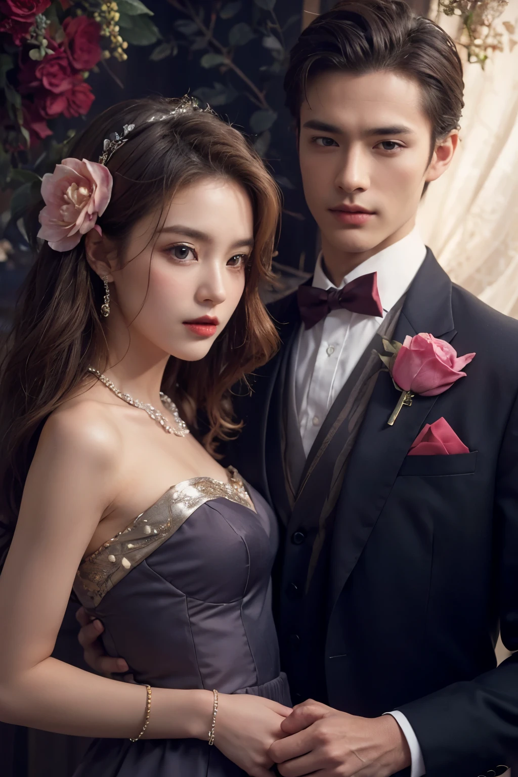 A man and girl，primitive, Masterpiece, ultra fine photos, Best quality, Ultra-high resolution, Realistic, Sunny, full-body portraits, Amazing man, Dynamic posture, exquisite face, Vibrant eyes,  Very detailed background, Detailed face, detailed tidy background, Gorgeous, High detail skin, Realistic skin details, Visible pores, Clear focus, volume fog, 8K  UHD, Digital SLR, High quality, filmgrain, Fair skin, Realism，（（（Handsome man and beautiful girl：1.4）））