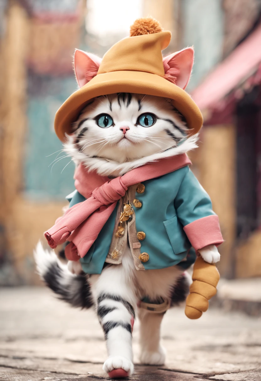 有一只Cat in a hat在街上行走, very beautiful Cute catgirl, the cat is walking, smol furry cat wearing smol hat, Cute cat, Cat in a hat, Beast in fashionable clothes, cute women, an Human cats, Wear long, flowing clothes, Cute cat photo, Cute and cute, Human cats, very fashion,anthropomorphic cat,walking on two feet