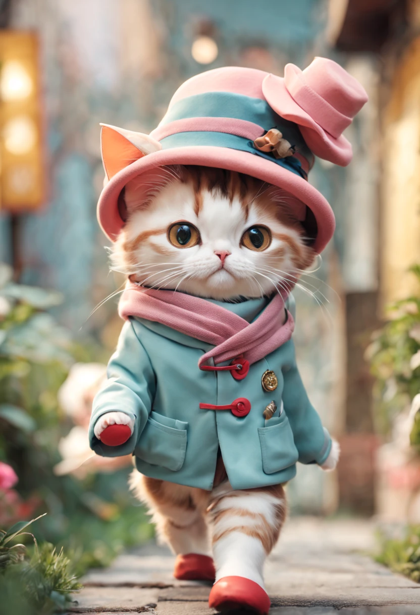 有一只Cat in a hat在街上行走, very beautiful Cute catgirl, the cat is walking, smol furry cat wearing smol hat, Cute cat, Cat in a hat, Beast in fashionable clothes, cute women, an Human cats, Wear long, flowing clothes, Cute cat photo, Cute and cute, Human cats, very fashion,anthropomorphic cat,walking on two feet