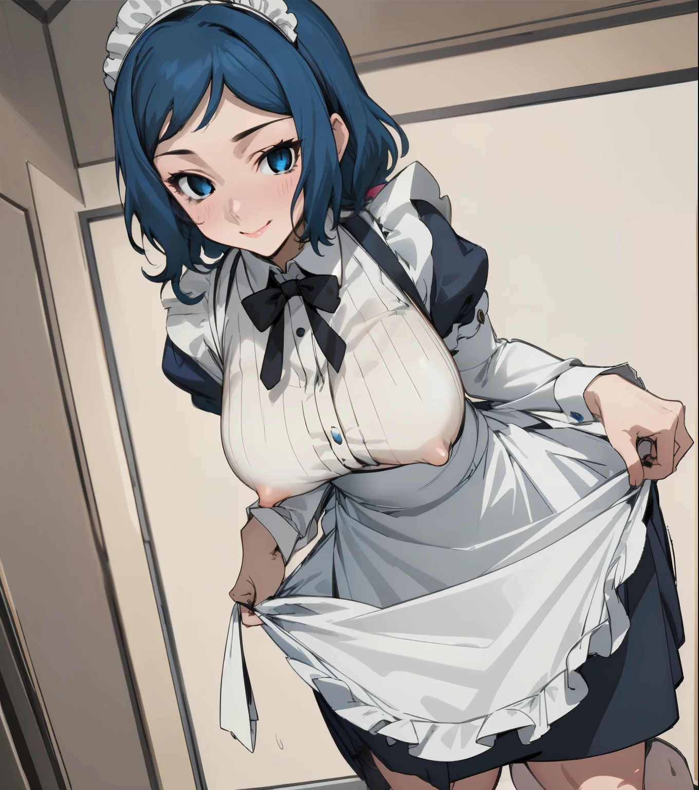 (Masterpiece),Best Quality, ultra-detailed, perfect hands, Delicate eye expression, 1girl (rinko_iori, Sexy, A voluptuous and sexy body, huge breasts,  naked body, dark blue hair,  long hair, blue eyes (empty eye)),closed mouth, Solo, nude,  maid (black, miniskirt),maid headdress, skirt lift, in front of the bedroom door, standing, Rinko is lifting her skirt in front of the man sitting in front of her. Frontal. Sexy waist teasing, wicked smile,pussy,  cumdrip from her pussy , looking down at the viewer
