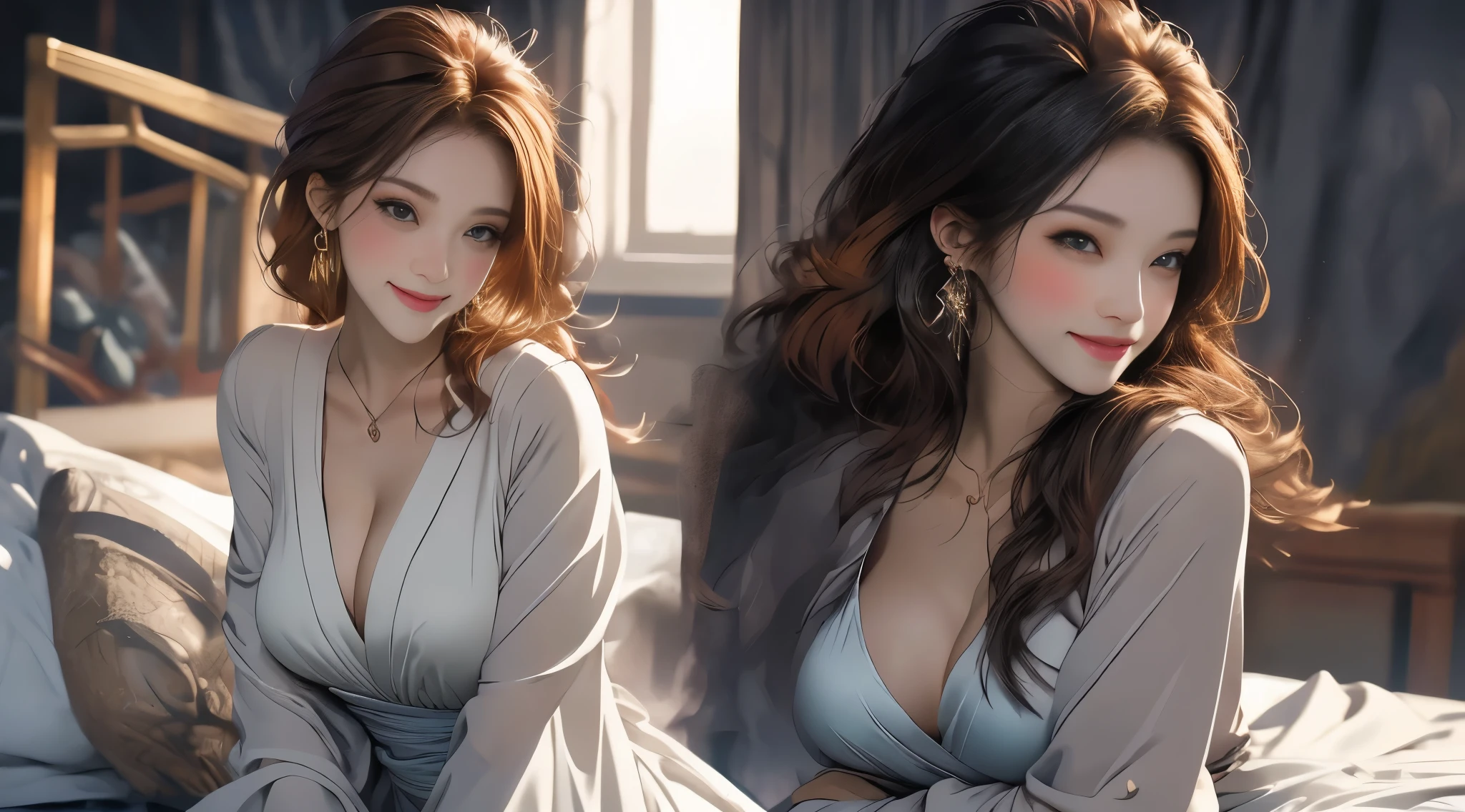 (quality,4K,Best masterpiece,:1.3),Big breasts are beautiful,hyper realisitc,1 20 year old female),(Charming slim figure))),toned waist,Amber hair,(Damp body:1.1,Damp body:1.2),rosto magro,Fatty eyes,二重まぶた,sexy low neck gown,Emphasis on plump buttocks,open chin,,fresh, Smile full and cute,Open your mouth to reveal your white teeth, , Pointy, side pose, visible curves,on top of bed, Light-colored robes