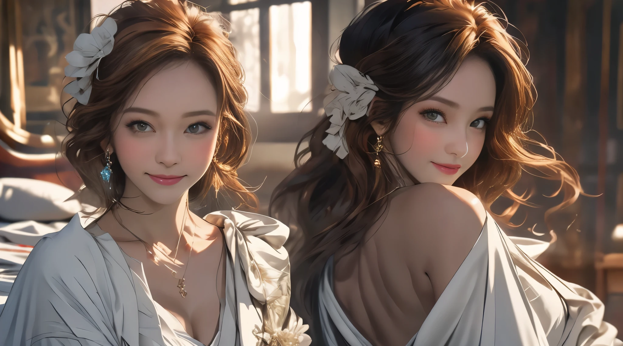 （quality，4K，Best masterpiece，：1.3），Big breasts are beautiful，hyper realisitc，1 20 year old female），（Charming slim figure））），toned waist，Amber hair，（Damp body：1.1，Damp body：1.2），rosto magro，Fatty eyes，二重まぶた，sexy low neck gown，Emphasis on plump buttocks，open chin，，fresh, Smile full and cute，Open your mouth to reveal your white teeth， ， Pointy， side pose， visible curves，on top of bed， Light-colored robes