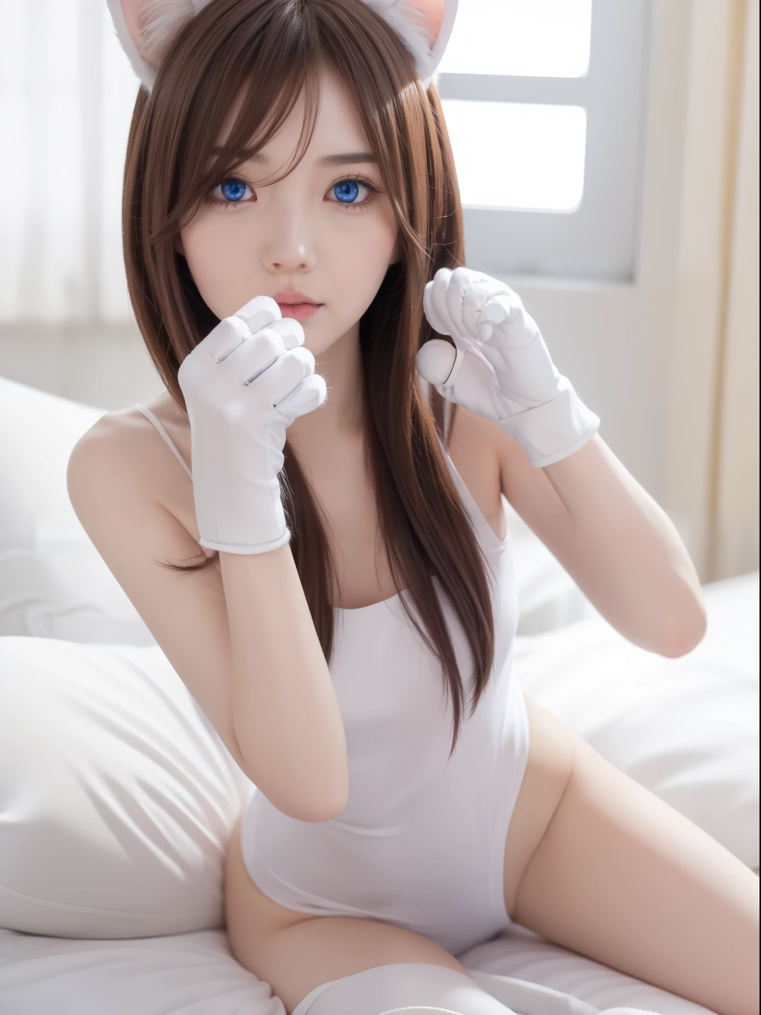 1girl in, Miku Nakano, Long hair, Bangs, Blue eyes, Brown hair, hair between eye, headphones, headphones around neck, (blush:1.1),
BREAK (white cat ear:1.5), (PAW Pose:1.5), (white foot gloves:1.3), (White cat tail:1.1), White camisole dress, Huge breasts, Kneeling,
BREAK (on the beds:1.3), in room, window,
BREAK looking at viewer, 
BREAK (masutepiece:1.2), Best Quality, hight resolutionであり, Unity 8K壁纸, (Illustration:0.8), (Beautiful detailed eyes:1.6), extra detailed face, Perfect Lighting, extremely details CG, (Perfect hands, Perfect Anatomy),(Raw photography:1.2)、top-quality、a beautiful detailed girl、hight resolution、8K 、finely detail