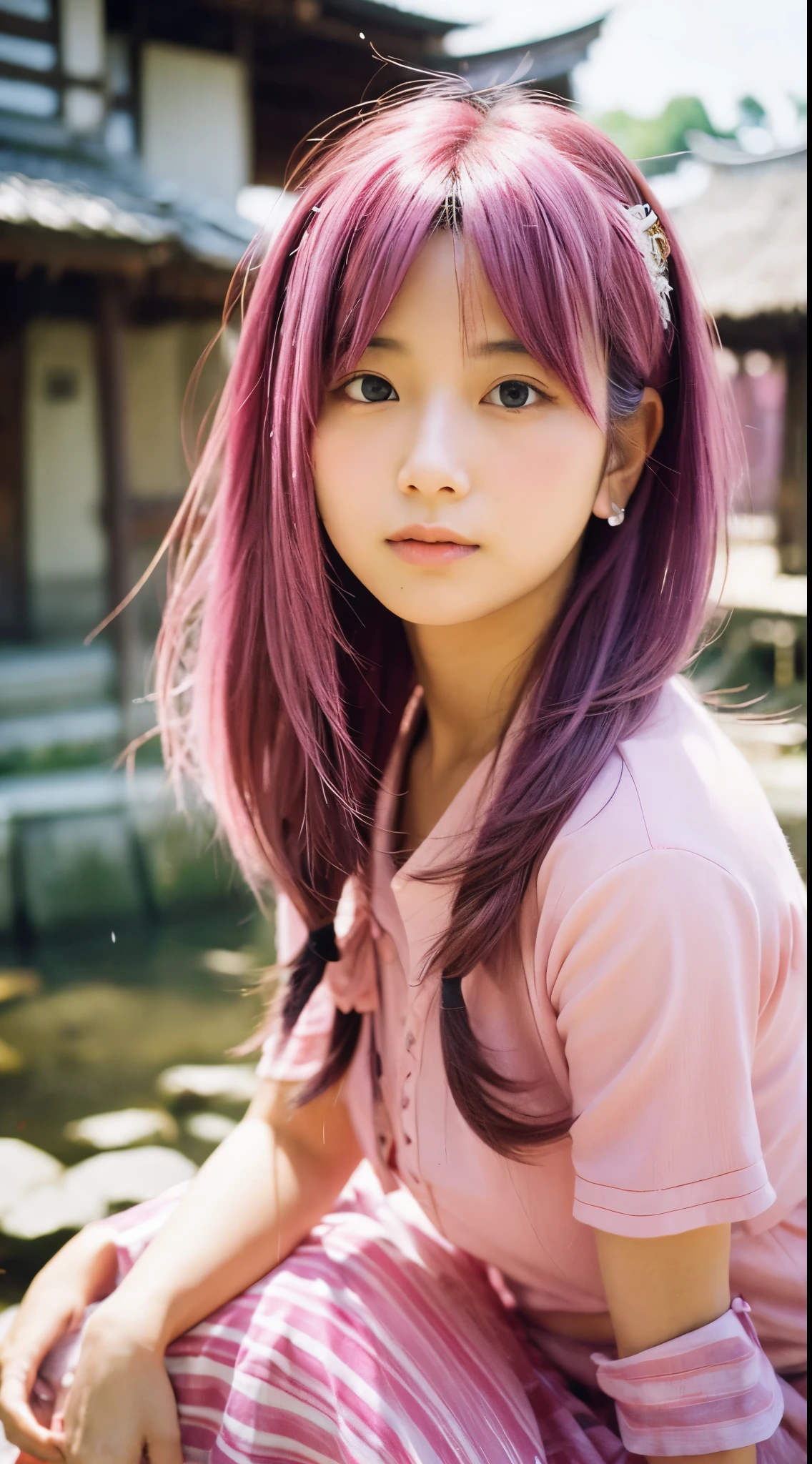 pink layered hair、japanes、infp young woman　Minami Hamabe、There is a village frame pure