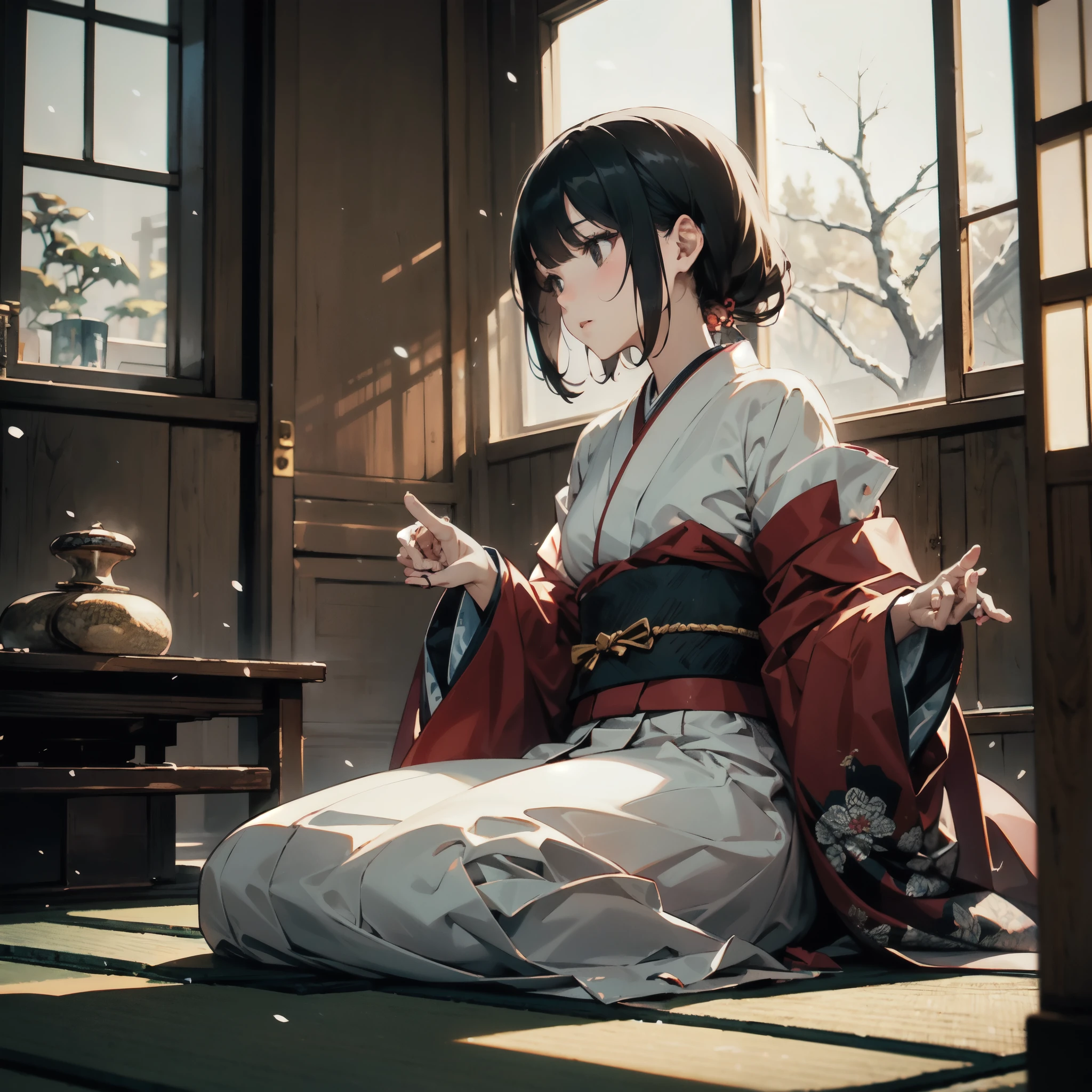 A traditional Japanese room viewed from a low angle, evocative of Yasujiro Ozu's cinematic style, Tatami flooring and shoji doors framing the tranquil scene, BREAK
A girl in a kimono sitting formally on the tatami mat, facing away from the viewer towards the window, Her posture is straight and composed, with a sense of introspection , BREAK
An acoustic guitar rests in the girl's lap, her fingers poised to play, The instrument suggests a blend of traditional and modern influences, BREAK
The delicate interaction between the girl and the guitar, symbolizing the connection between tradition and the personal expression of music, BREAK
Snow visible outside the window, with diffused light casting soft shadows in the room, The snowy landscape and subdued lighting create a serene and contemplative mood.