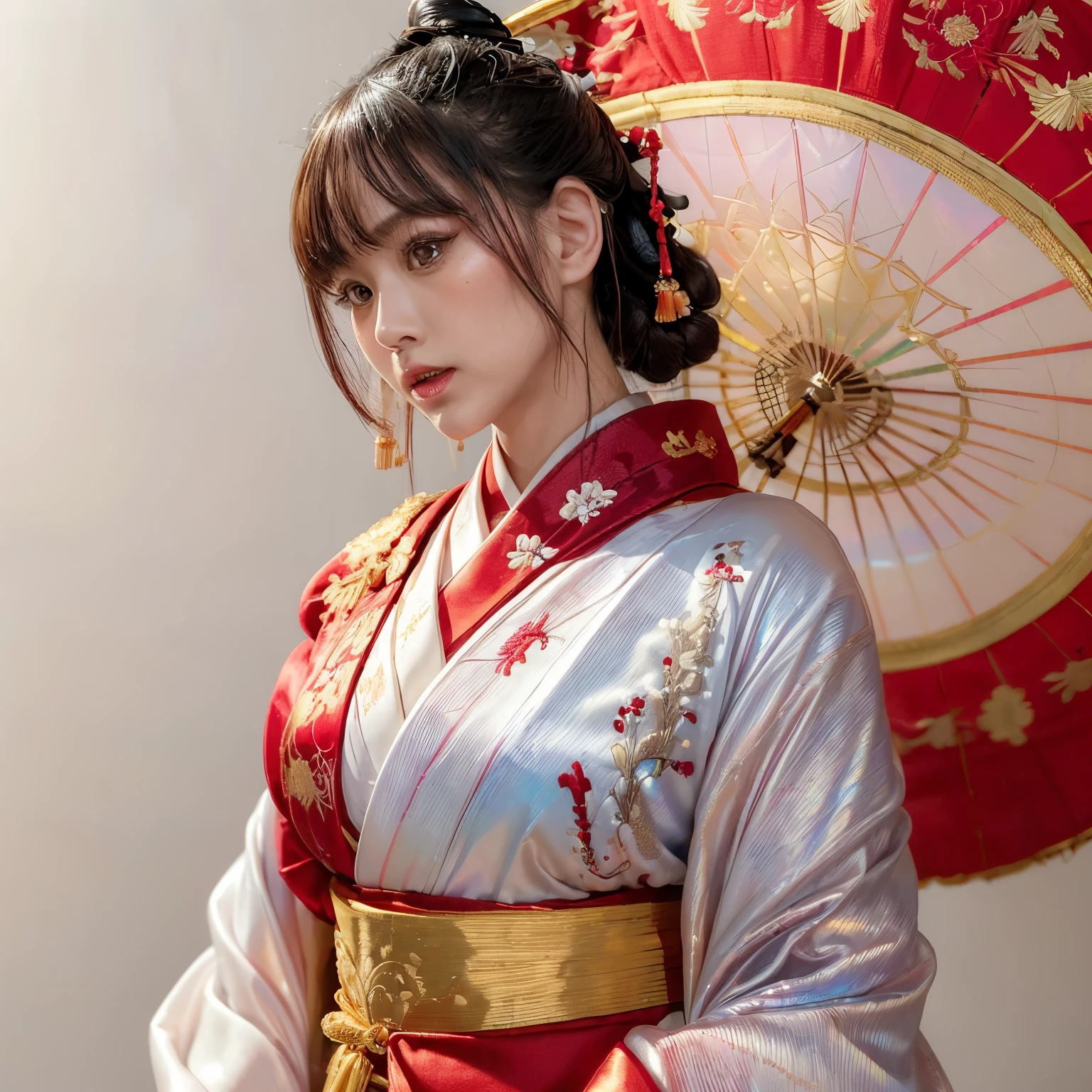 finest image, 8k, RAW photo, realistic, beautiful woman, (Japanese kimono with red lines and golden embroidery on a iridescent white background:1.4), updo-braided bangs light brown hair style, forehead, full-makeup, slender, perfect proportion, background shrines and temples