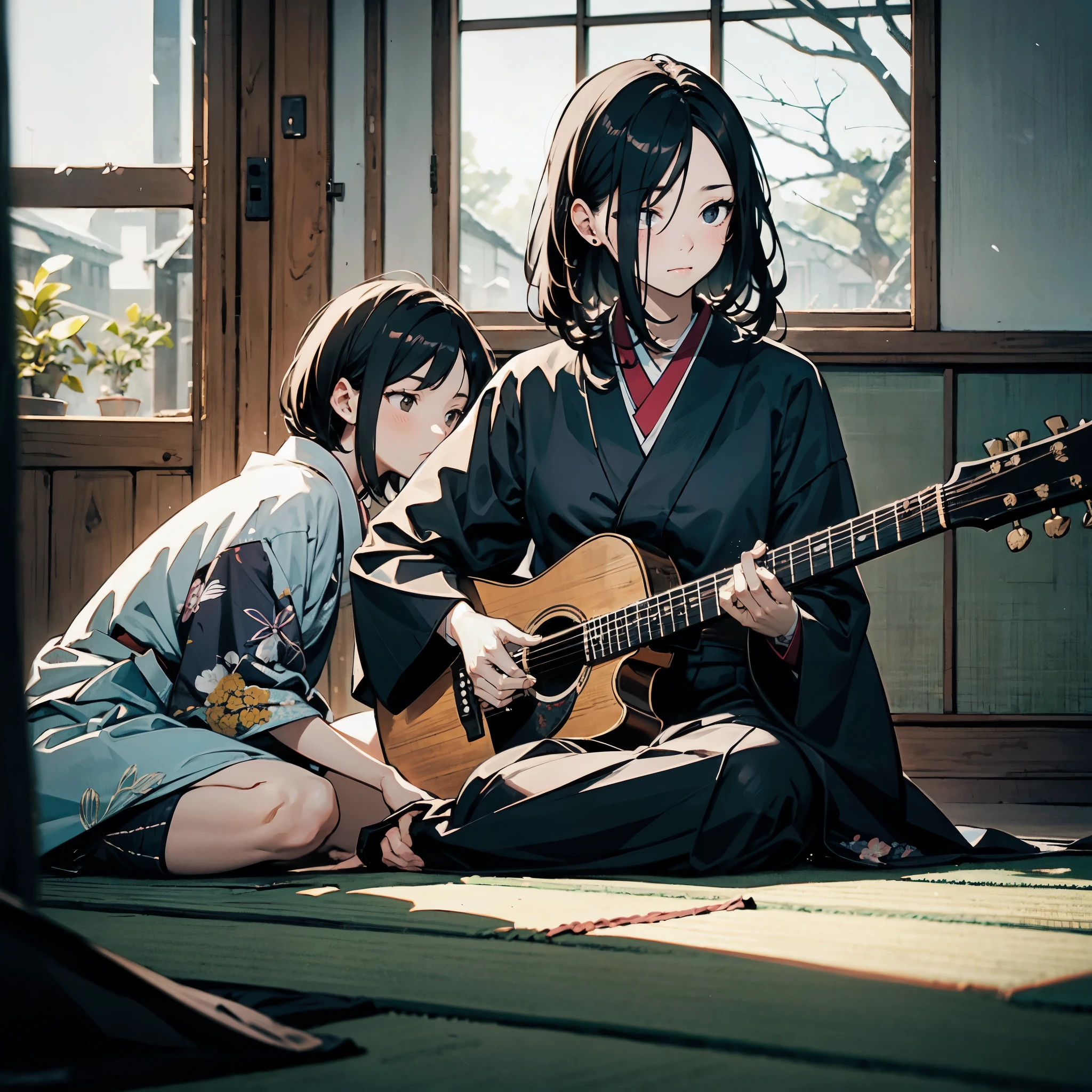 A traditional Japanese room viewed from a low angle, evocative of Yasujiro Ozu's cinematic style, Tatami flooring and shoji doors framing the tranquil scene, BREAK
A girl in a kimono sitting formally on the tatami mat, facing away from the viewer towards the window, Her posture is straight and composed, with a sense of introspection , BREAK
An acoustic guitar rests in the girl's lap, her fingers poised to play, The instrument suggests a blend of traditional and modern influences, BREAK
The delicate interaction between the girl and the guitar, symbolizing the connection between tradition and the personal expression of music, BREAK
Snow visible outside the window, with diffused light casting soft shadows in the room, The snowy landscape and subdued lighting create a serene and contemplative mood.