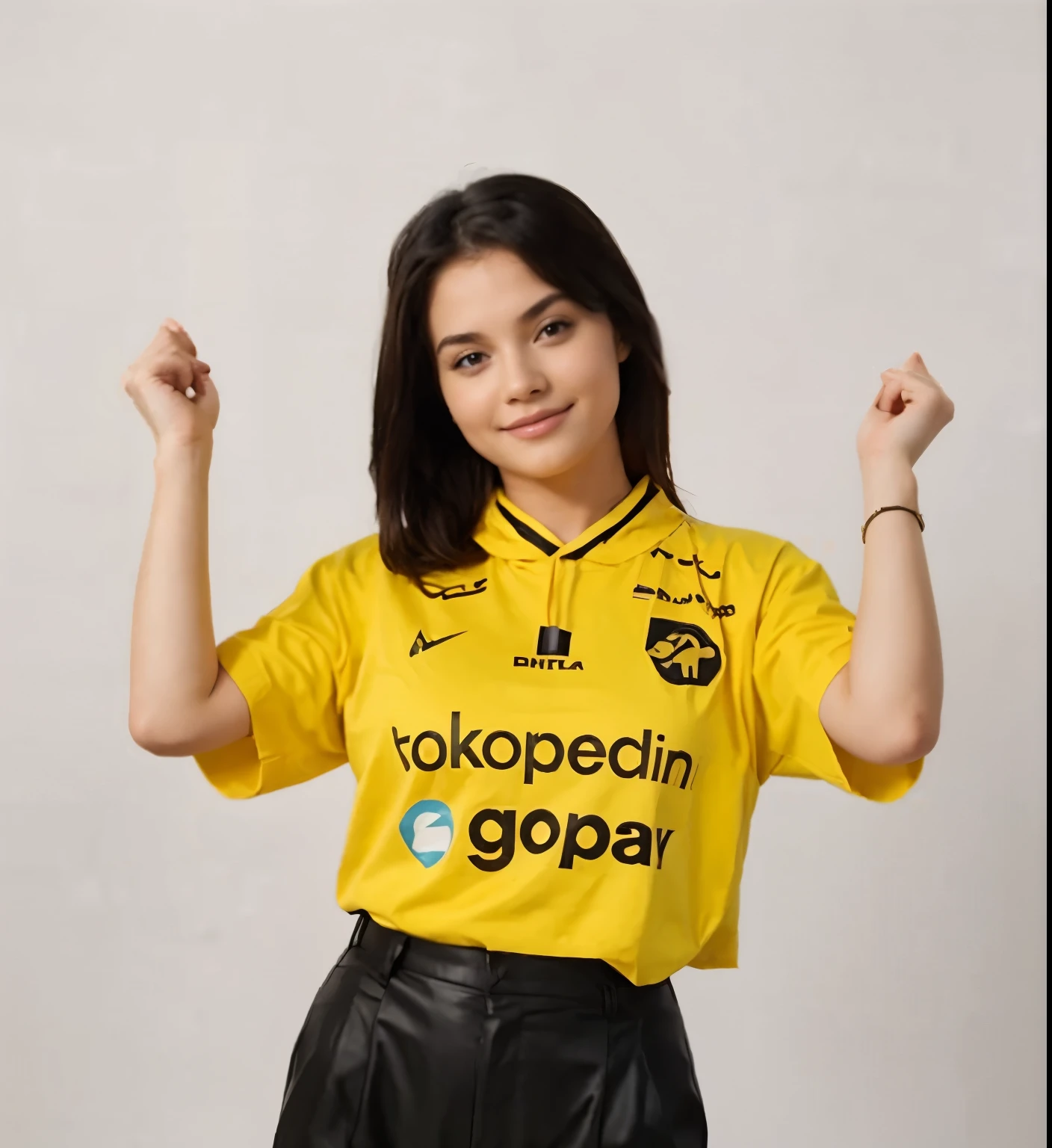 Malay girl in hijab wear big oversized loose white jersey and high waist pants in soccer field, watching soccer, wear back pack, front view, detail skin, detail skin texture, mole below eyes, small breast, big hip, big waist, big thigh, slim abs, beautiful body, nighttime, laughing, happy, bright lighting,  blur background, bokeh,
