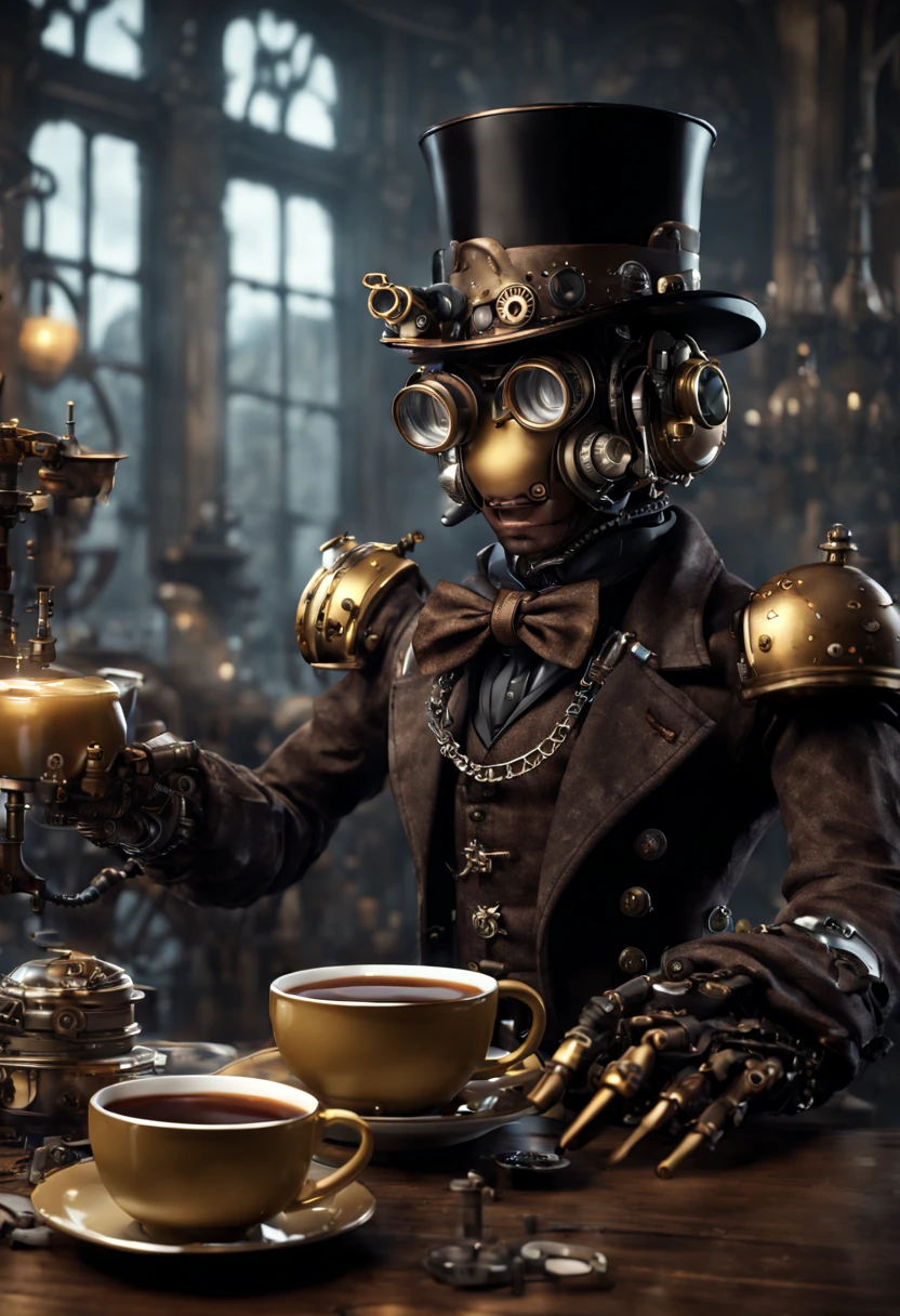 Sebastian from Black Butler as a handsome steampunk robot serving tea, intricate mechanics and elegant gears, photo-realistic. detailed matte painting, deep color, fantastical, intricate detail, splash screen, complementary colors, fantasy concept art, 8k resolution trending on Artstation Unreal Engine 5