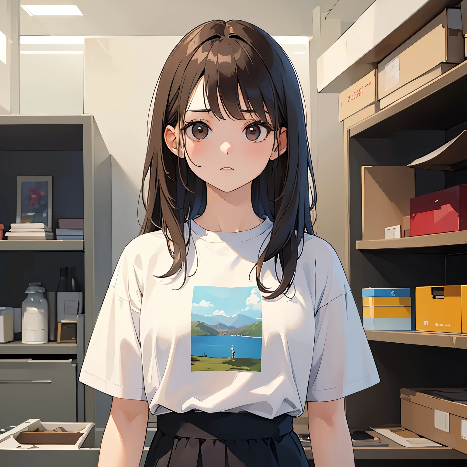 ​masterpiece、top-quality、 A 25-year-old woman with medium hair and  with brown bangs.、T-shirt 、white  shirt、(serious:1.3)、Staring、is standing、The background is market 、Bold composition、Upper body is shown、Alone