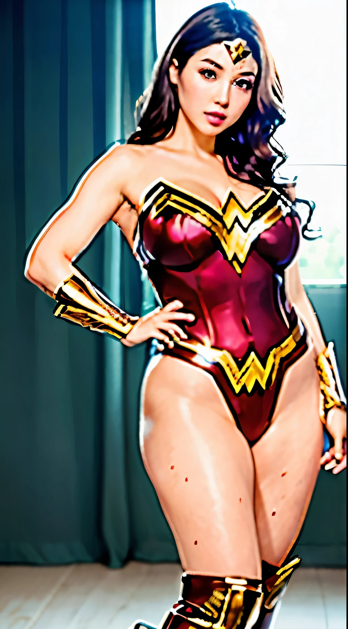 image quality、16K clear photos、Natural soft light、独奏、looking at the camera in、Full body photo、delicate skin、Detailed proportions、global beauty pageant、with short brown hair、Big breasts covered in oil、Sexy Wonder Woman costume、Sexy casual pose with weapons factory、