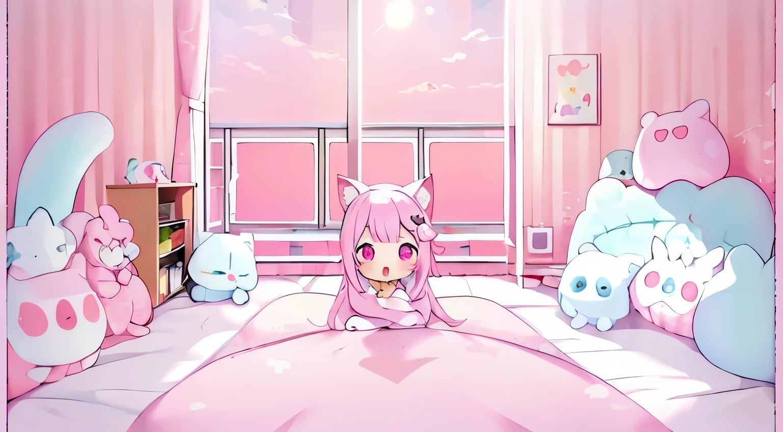 anime scene of a cute maid wearing pijama, girl sitting in a bed, girl is yawning, with a lot of stuffed animals, pink eyes, pink 2 tail hairs, bedrooms with pink and white color, blanket is pink with cute drawing on it, background is morning blue sky, still little dark, sun go up, blue sky, sun go up, lightly soft light of morning through window