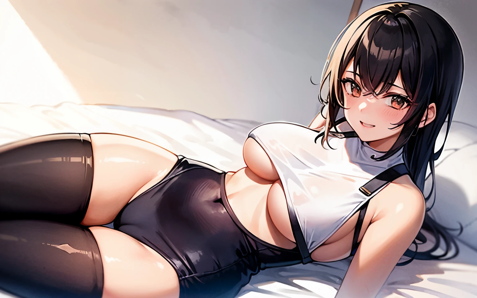 Obra maestra, La mejor calidad, 1girl, solamente, Cabello largo, cabello negro, plumaje, Sin tirantes, escote, They are smiling, Underboob, leggings blancos,