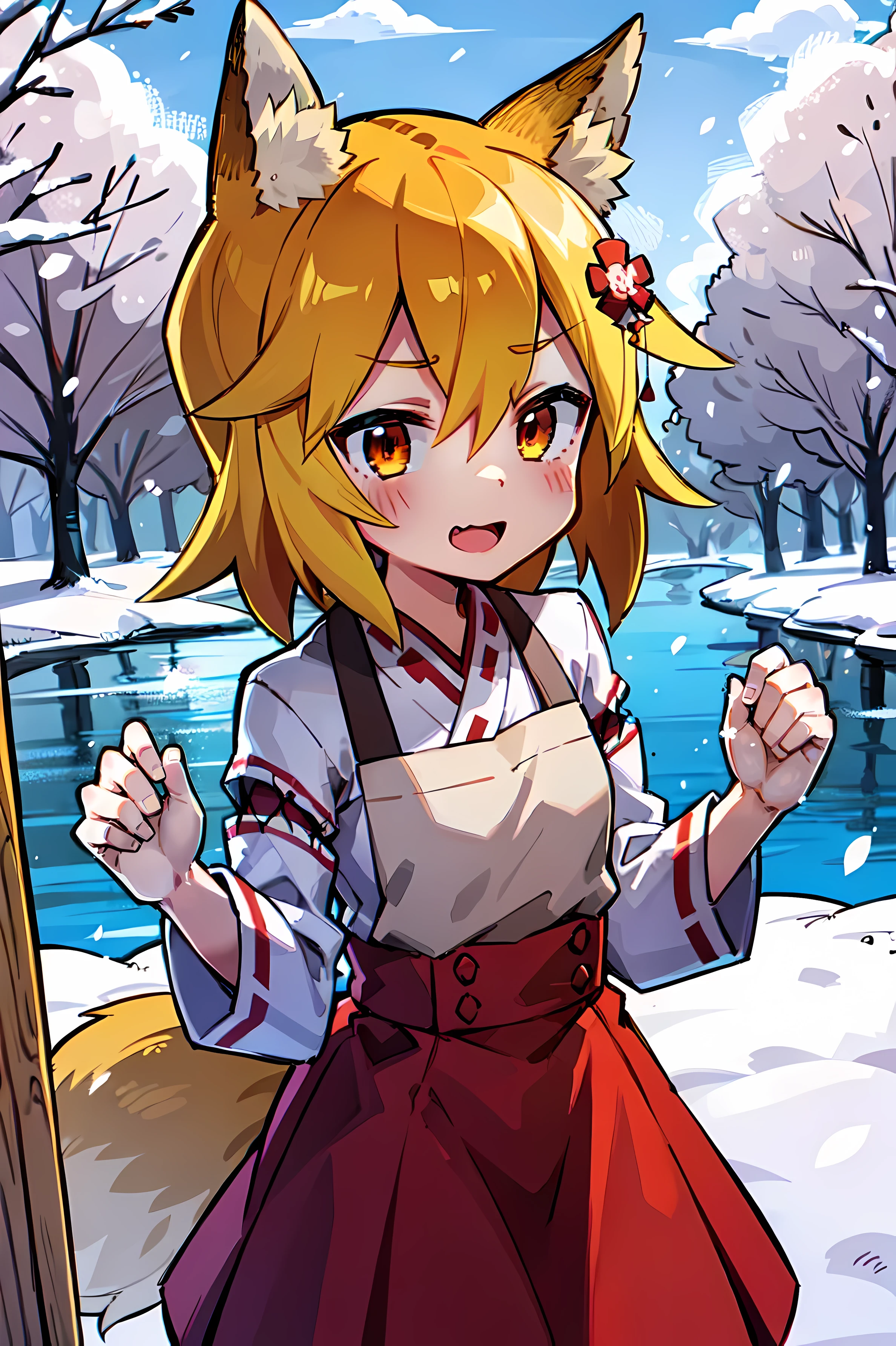 A  girl, Fox ears, 4K Image, flowers of different colors, field, Beautiful trees, Maximum details, village, at home, Beautiful cloud, Very nice girl, fists, Preparing for battle, Aggressive face, Vampire's Tooth, White Trees, snowing, overcast weather, snowingурочка, Наряд snowingурочки