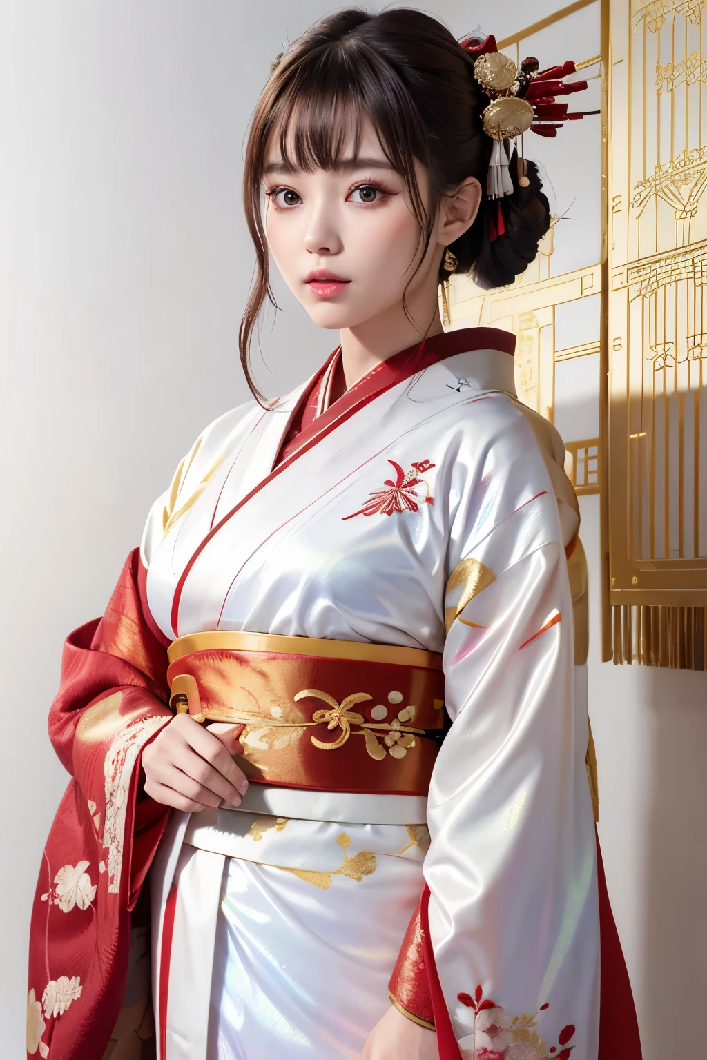 finest image, 8k, RAW photo, realistic, beautiful woman, (Japanese kimono with red lines and golden embroidery on a iridescent white background:1.4), updo-braided bangs light brown hair style, forehead, full-makeup, slender, perfect proportion, background shrines and temples
