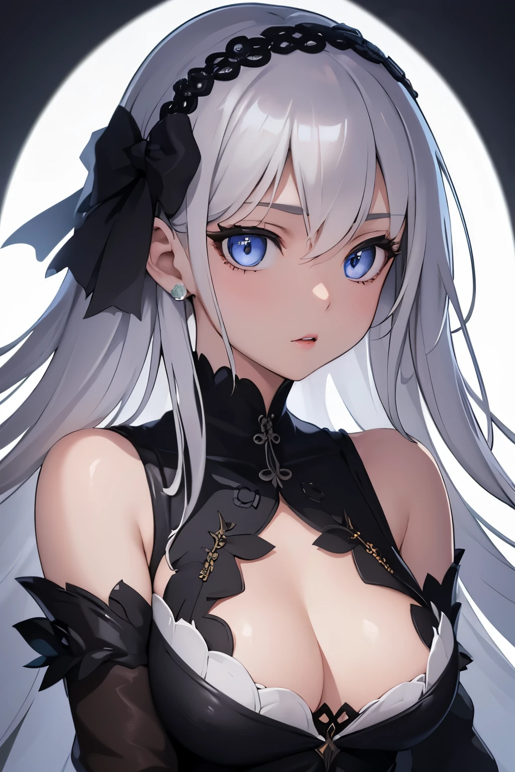 1girl, anime, cute girl, blank background, white background, fantasy, detailed dark fantasy dress with highlights, beautiful face, beautiful eyes, dark colors, silver hair, slightly small breasts, slight cleavage, beautiful skin, cute, breast curtains, extremely delicate and beautiful, (beautiful detailed face:1.0), (detailed deep eyes), symmetrical breasts, deep eyes, shiny skin, portrait, slender waist, hips wider than shoulders, thighs, young girl, expressionless