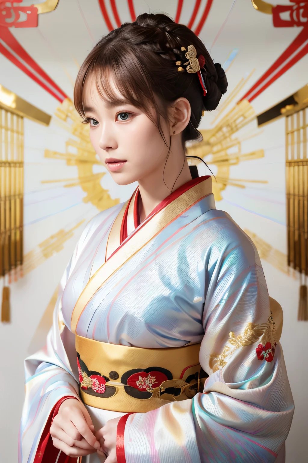 finest image, 8k, RAW photo, realistic, beautiful woman, (Japanese kimono with red lines and golden embroidery on a iridescent white background:1.4), updo-braided bangs light brown hair style, forehead, full-makeup, slender, perfect proportion, background shrines and temples
