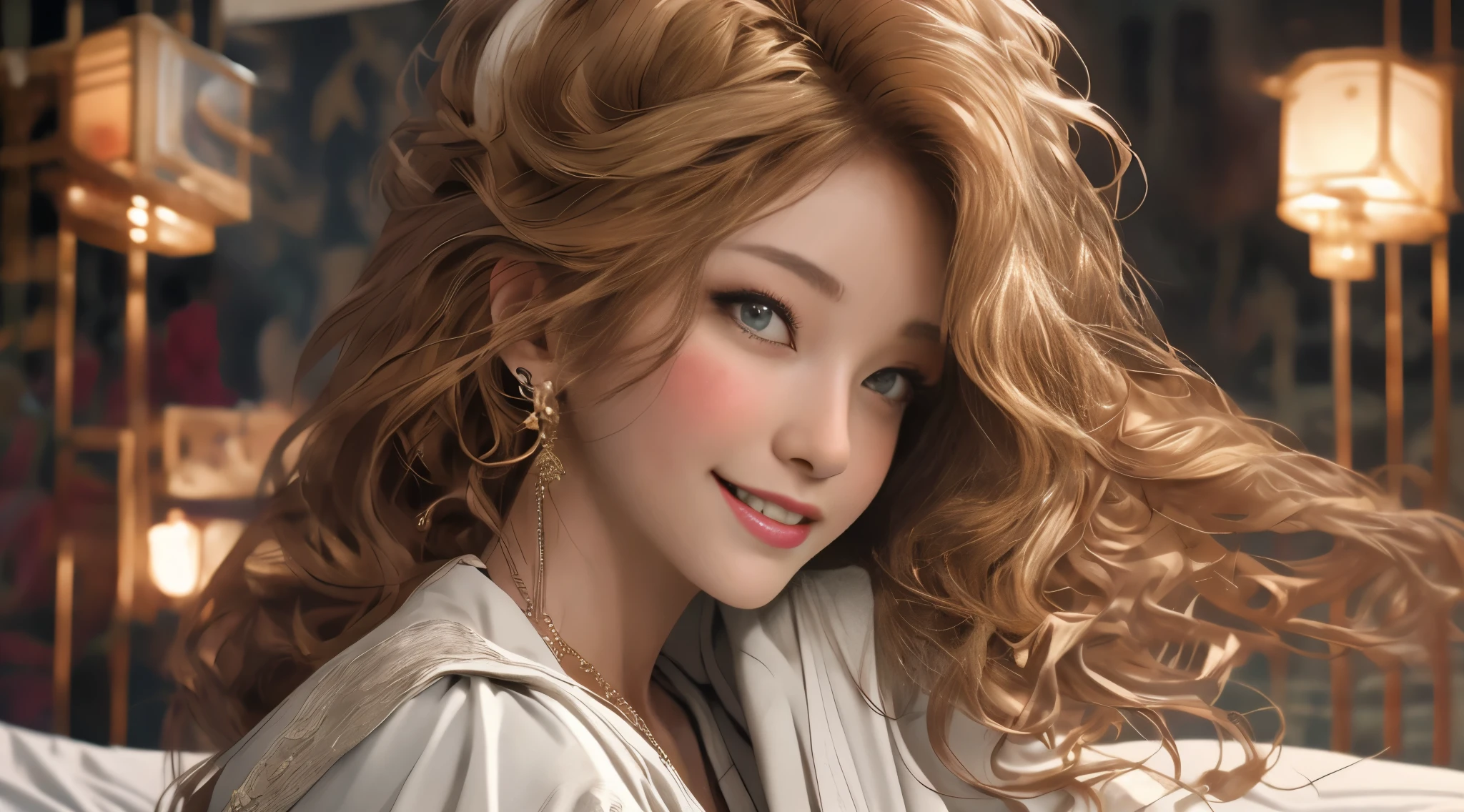 （quality，4K，Best masterpiece，：1.3），Big breasts are beautiful，hyper realisitc，1 20 year old female），（Charming slim figure））），toned waist，Amber hair，（Damp body：1.1，Damp body：1.2），rosto magro，fatty eye，二重まぶた，sexy low neck gown，Emphasis on plump buttocks，open chin，，fresh, Smile full and cute，Open your mouth to reveal your white teeth， ， Pointy， side pose， visible curves，on top of the bed， Light-colored robes
