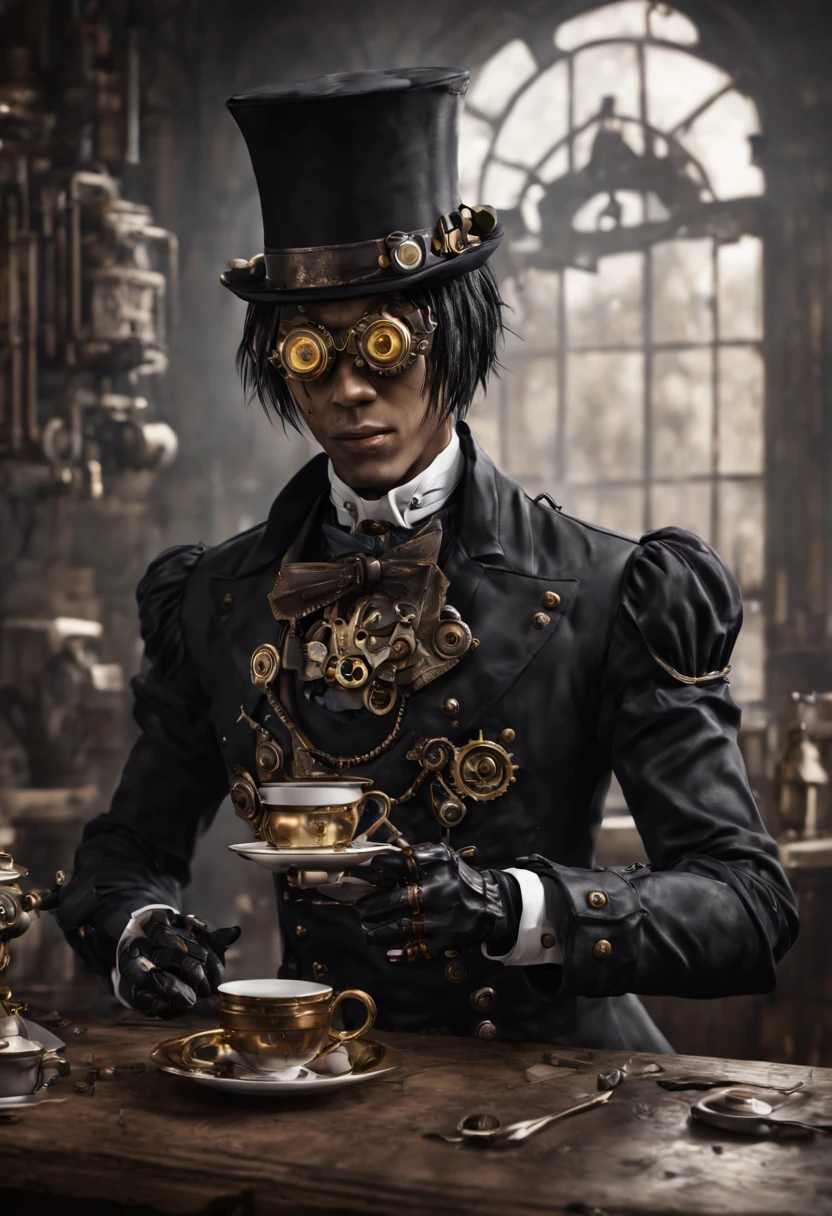 Sebastian from Black Butler as a handsome steampunk robot serving tea, intricate mechanics and elegant gears, photo-realistic. detailed matte painting, deep color, fantastical, intricate detail, splash screen, complementary colors, fantasy concept art, 8k resolution trending on Artstation Unreal Engine 5