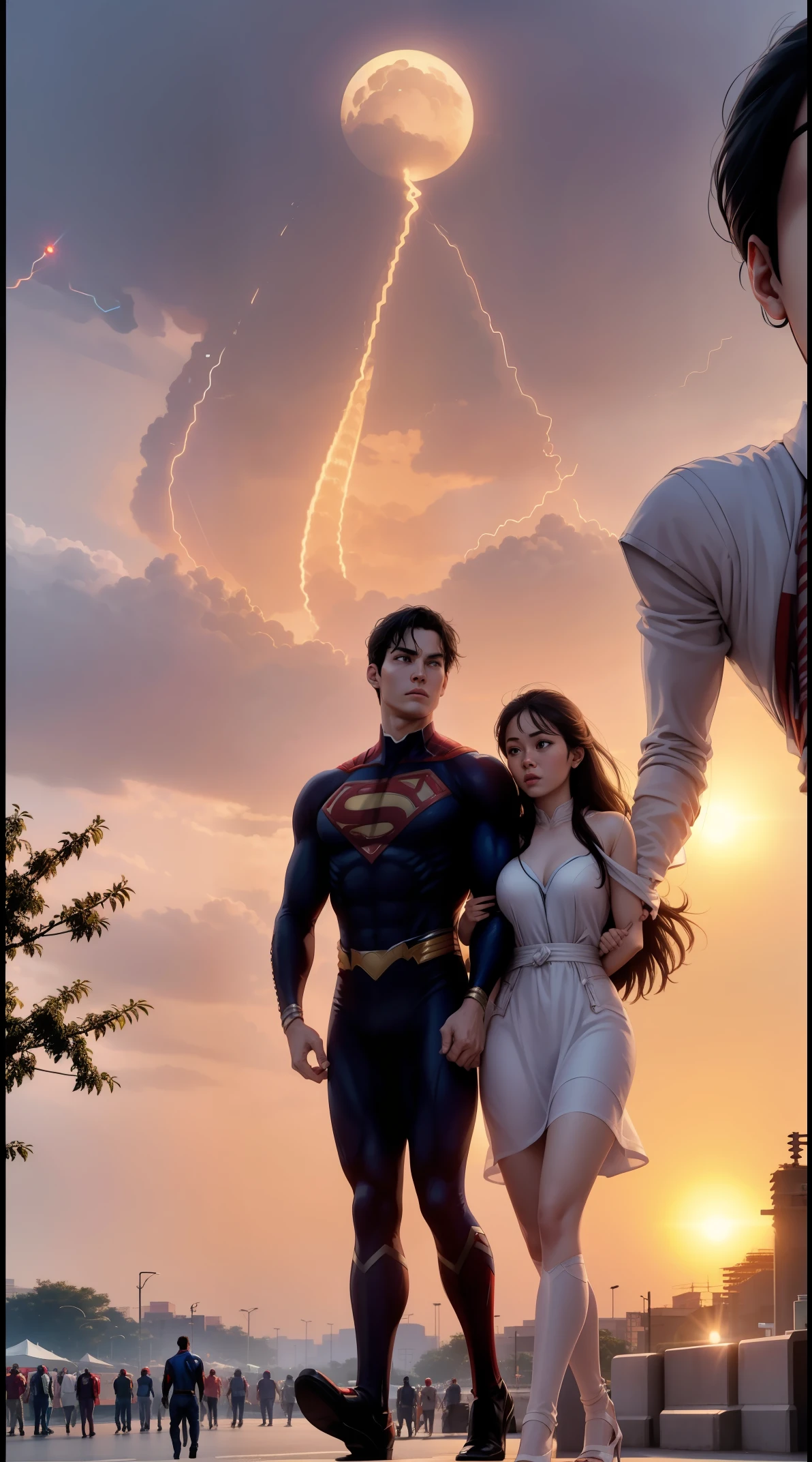 Superman and spiderman walking together on the jakarata monas road with the backgroun crowded of people and police in the road