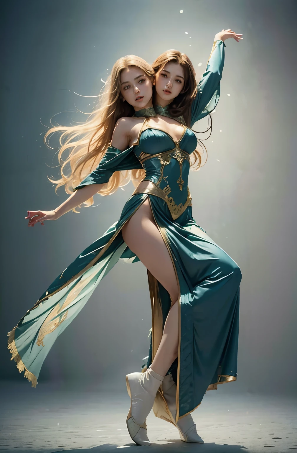 Masterpiece, best quality, realistic, (1 girl: 1.3), blue gold white clothes, shawl long hair, jump, leap, dance, green gold white clothes, long skirt, long scarf, flowing, light armor, snow white skin, bare shoulders, full body, (from below:1.5), martial arts, dynamics, flames, particles, (two heads)