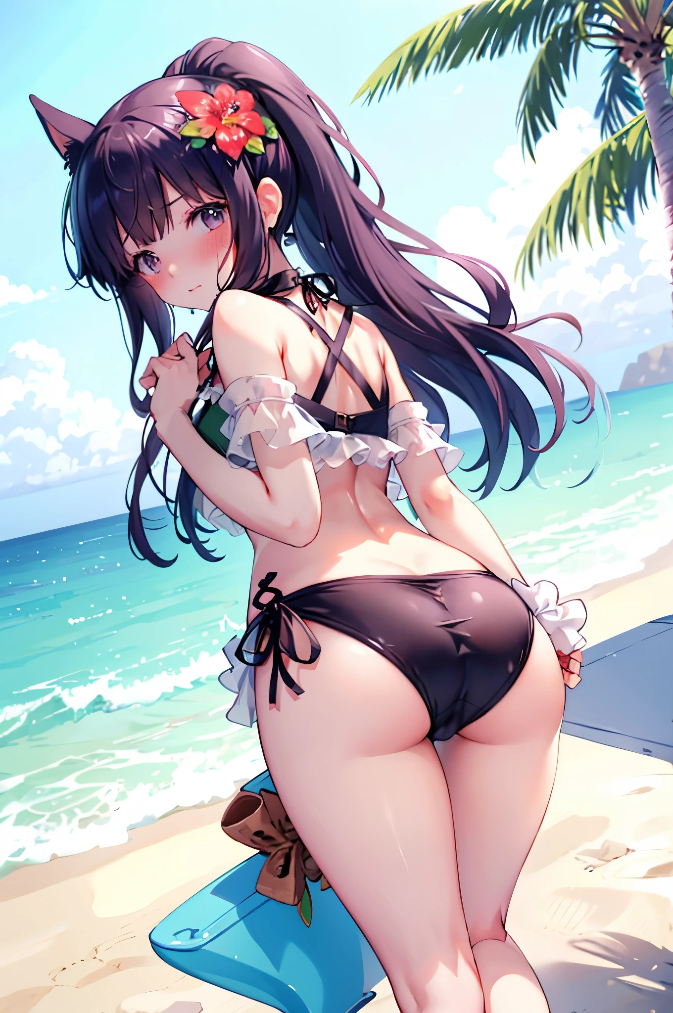 blushing,embarrassed expression,beach, palm trees, beach mat, 1 girl, rosy cheeks, dog ears, animal fur, ponytail, flower in hair, hibiscus, green bikini, perspective, bare shoulders, ribbon, black dress, swimsuit under clothes.from behind,ass focus,showing off her ass