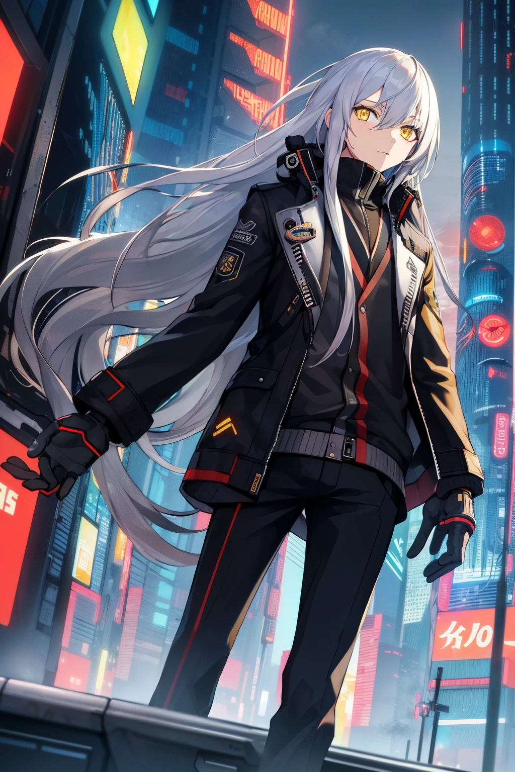 masterpiece, best quality, long hair, silver hair, yellow eyes, outdoors, jacket, wind, cyberpunk, gloves,