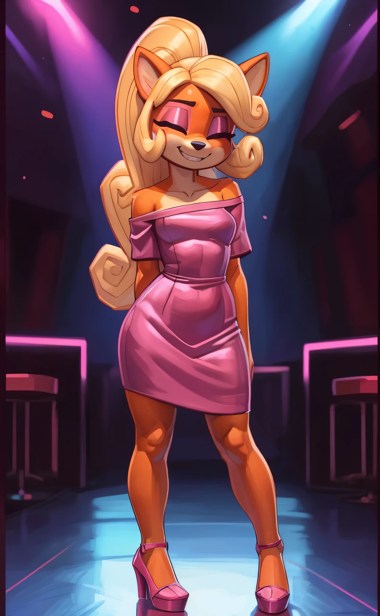 [Coco bandicoot], [Uploaded to e621.net; (Pixelsketcher), (wamudraws)], ((masterpiece)), ((HD)), ((solo portrait)), ((full body)), ((front view)), ((feet visible)), ((furry; anthro)), ((detailed fur)), ((detailed shading)), ((beautiful render art)), ((intricate details)), {anthro; orange fur, black nose, (both eyes closed), (short eyelashes), (pink eyeshadow), (long blonde curly hair), (curvy hips), (beautiful legs), (blushing), (cute grin)}, {(pink satin off-shoulder dress), (pink heels)}, {(standing), (hands behind back), (looking at viewer)}, [background; (club), (party), (neon lights), (ambient lighting)]