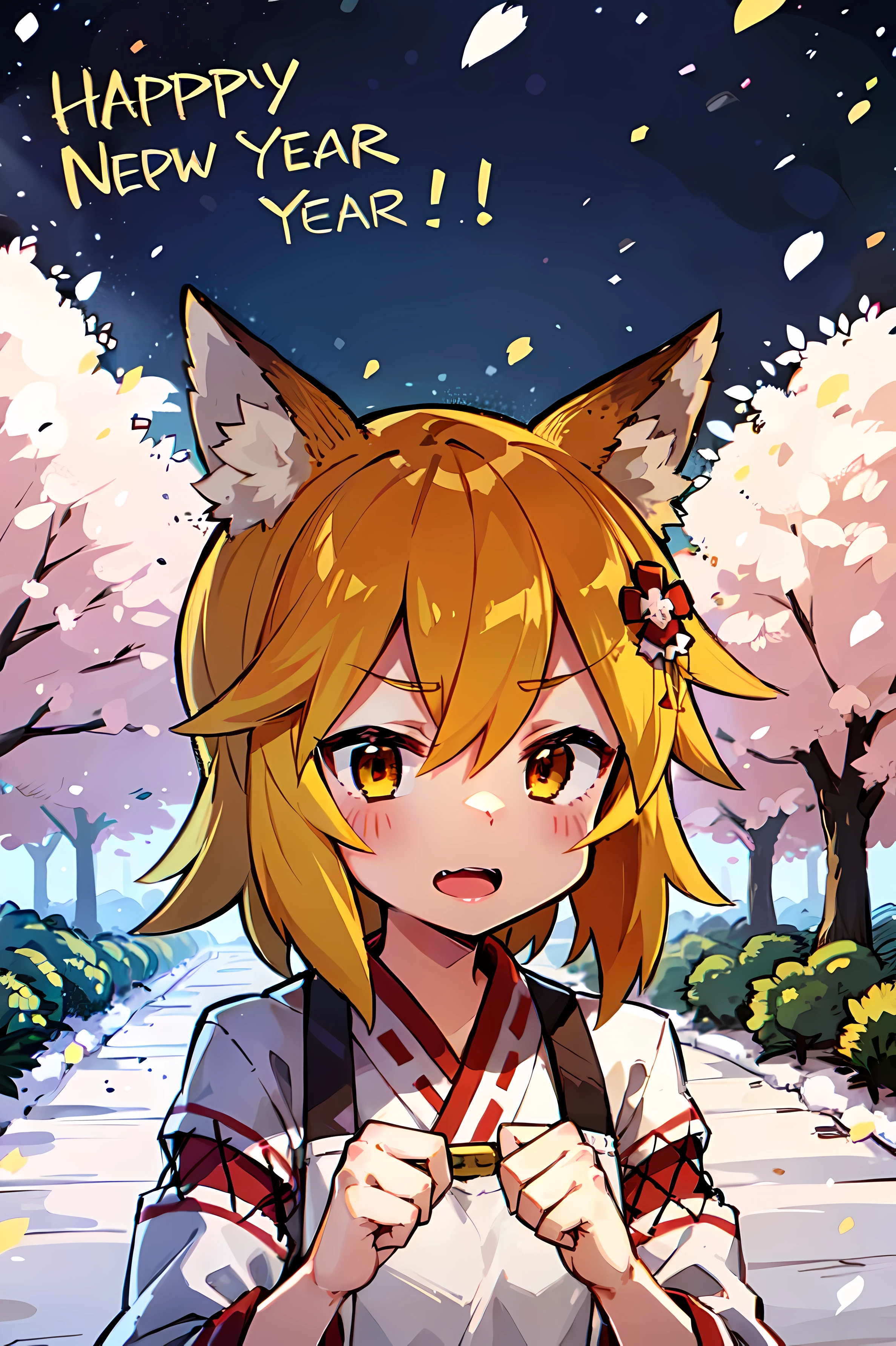 A  girl, Fox ears, 4K Image, flowers of different colors, field, Beautiful trees, Maximum details, village, at home, Beautiful cloud, Very nice girl, fists, Preparing for battle, Aggressive face, Vampire's Tooth, White Trees, snowing, overcast weather, New Year's toys