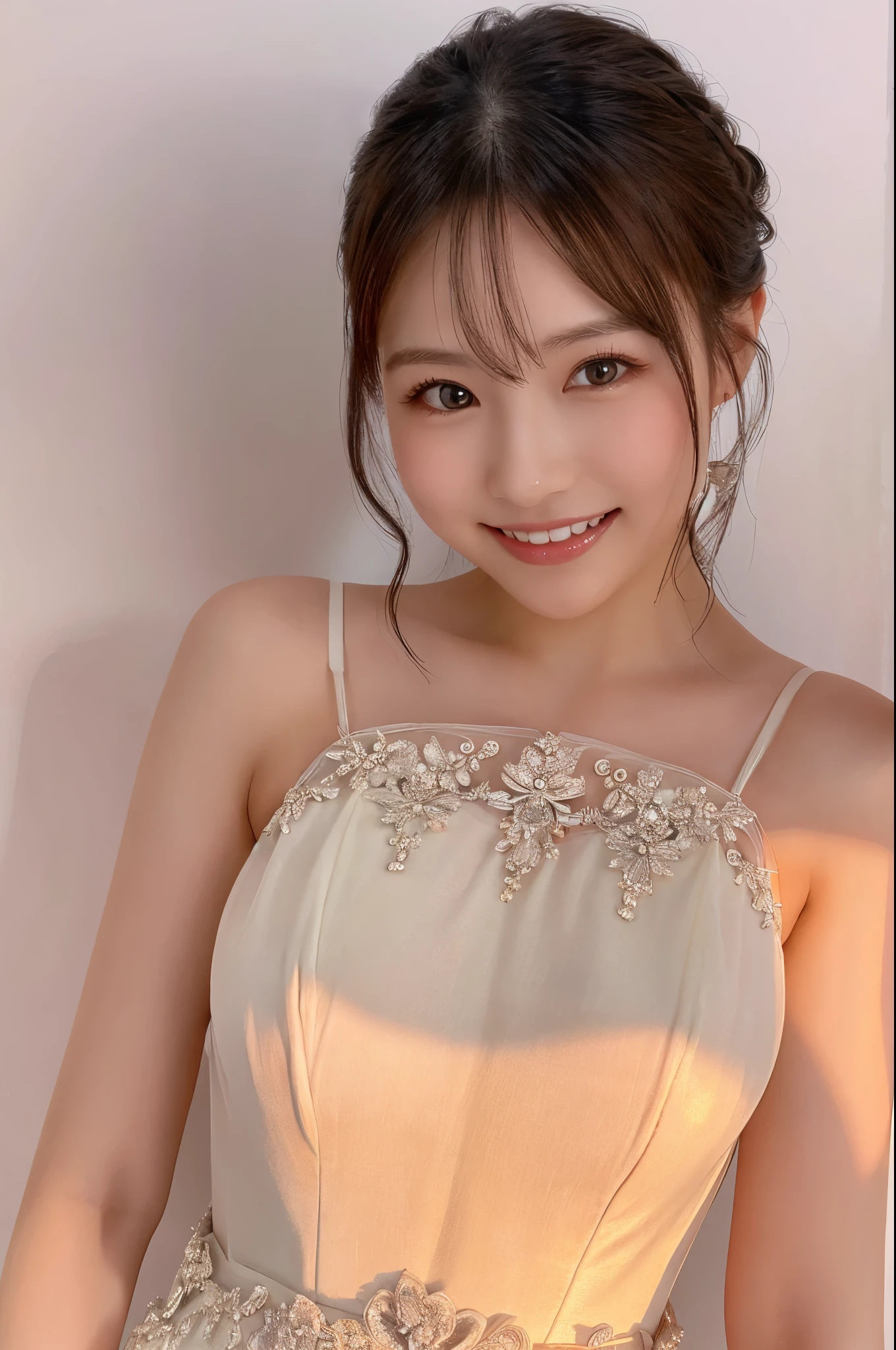 ulzzang -6500-v1.1, (Raw photo:1.2), (Photorealsitic), a beautiful detailed girl, (Real: 1.4), ighly detailedな目と顔, beatiful detailed eyes, (((Upper class girl in elegant formal dress of random color:1.3)))、(Ultra-realistic pantyhose:1.2), (high-heels:1.2), (I keep my hair up and short)、 (Very affectionate smile:1.2)、huge filesize, hight resolution, ighly detailed, top-quality, [​masterpiece:1.6], illustratio, ighly detailed, nffsw, finely detail, top-quality, 8k wallpaper, Cinematographic lighting, 1girl in, 17 age, perfect body type, cute droopy eyes beautiful big eyes、Pieckfinger, ((masutepiece)), Best Quality, 1girl in, eye shadow, Upper body, Portrait, ((FULL BODYSHOT:1.6))、