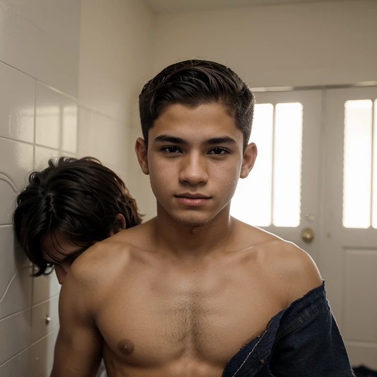 menino adolescente de  anos, menino jovem, cabelo estilo americano ,fortinho, pelo nas axilas,tanquinho, pelado, corpo pelado sem roupa, no banheiro