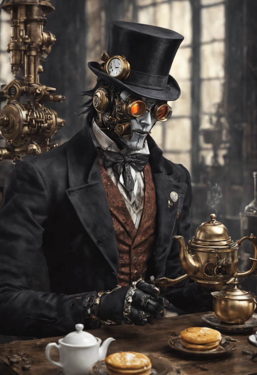 Sebastian from Black Butler as a handsome steampunk robot serving tea, intricate mechanics and elegant gears, photo-realistic. detailed matte painting, deep color, fantastical, intricate detail, splash screen, complementary colors, fantasy concept art, 8k resolution trending on Artstation Unreal Engine 5
