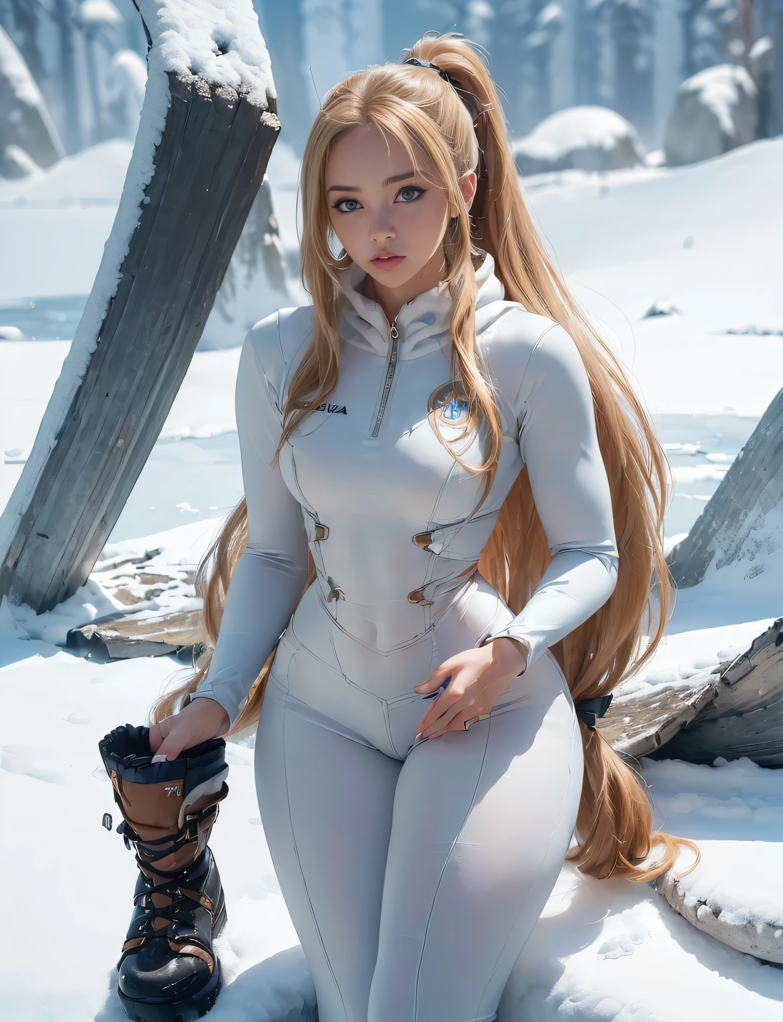 ((very detailed RAW color photo)), (((1 girl))), (((alone))), (((30 years))), ((athletic)), ((very defined toned physique)), ((very defined and beautiful muscular body)), (((very detailed perfect body))), (((small and defined breasts))), (((ultra defined curves))), (((superior quality, 8k, masterpiece: 1.3)), sharp focus: 1.2, (((extremely beautiful girl with perfect figure: 1.4))), ((very thin waist: 1.2)), ultra detailed skin texture, ((perfect and beautiful hands)), ((smooth and soft skin)), (ultra detailed fabric texture), extremely beautiful ultra detailed face, (((extremely beautiful))), intricate details, ultra detailed, (((girl wearing a white snow jacket and tight snow leggings with very modern hiking boots))), ((((the suit is white and modern))), (((extremely long curly blonde hair))), extremely beautiful, (((extra long ponytail with bangs))), ((very detailed and beautiful wolf ears)), (hair on the face), ((hair ribbon)), dynamic pose, ((uniform leaves thighs exposed)), ((ultra detailed and toned legs)), (((ultra detailed waist))), (((very wide hips))), (((very thick and toned thighs))), (sexy), (((extreme hourglass figure))), (((very thick heart lips))), ((red lipstick)), ((ultra detailed lips)), ((ultra detailed blue eyes)), ((angry look)), (((staring at the viewer))), ultra detailed provocative mouth, extremely beautiful seductive lips, ((blushing)), (makeup), (((ultra defined waist))), eye shadow, (full body shot), with a frozen lake in the background