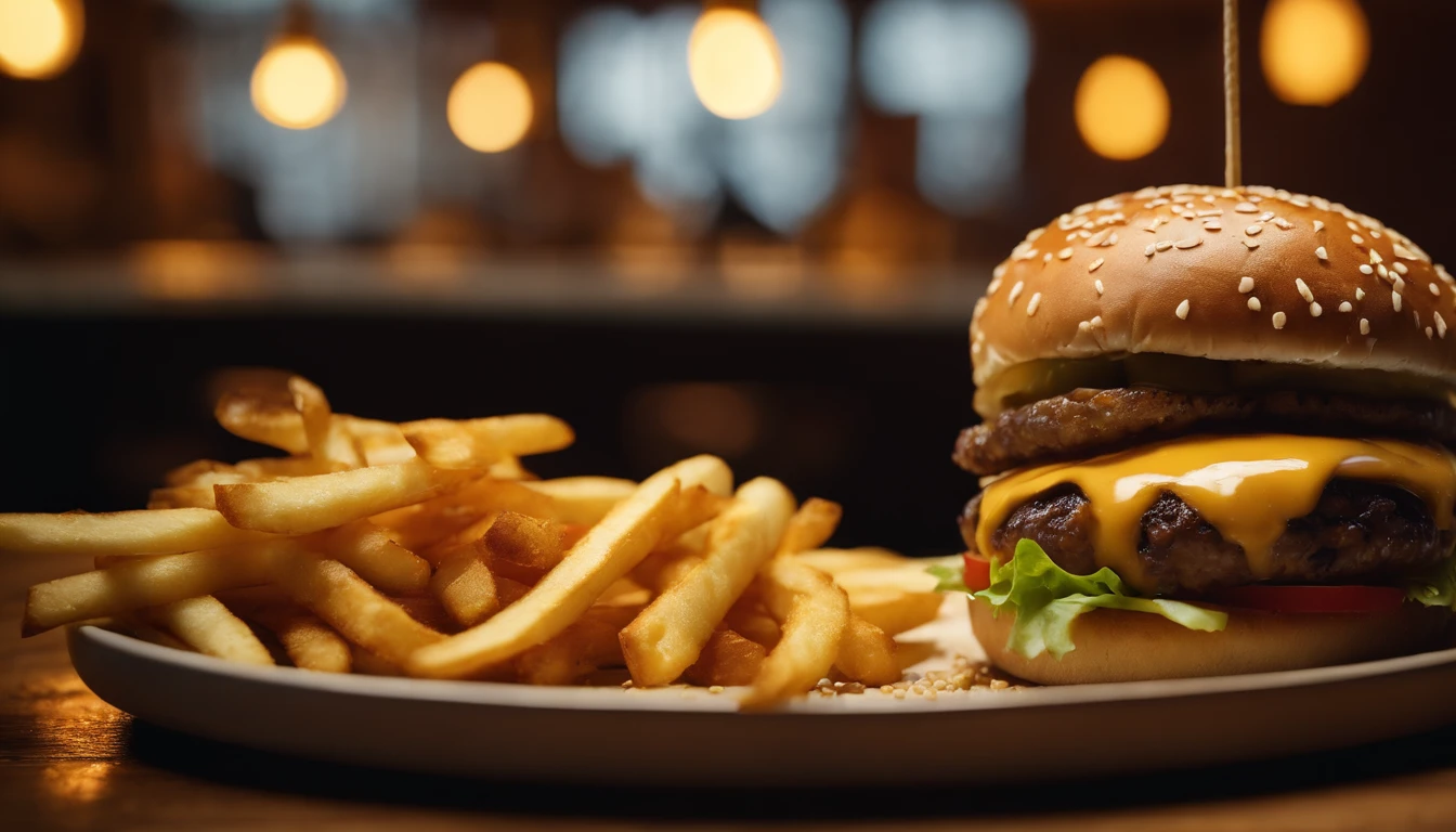 a top-down shot of a cheeseburger on a rustic wooden table, with sesame seeds sprinkled on the bun and a side of crispy golden fries, creating a classic American diner aesthetic