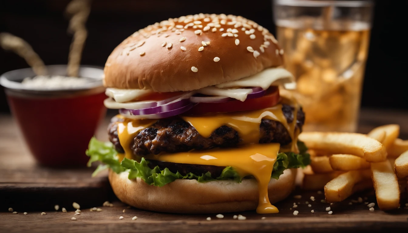 a top-down shot of a cheeseburger on a rustic wooden table, with sesame seeds sprinkled on the bun and a side of crispy golden fries, creating a classic American diner aesthetic