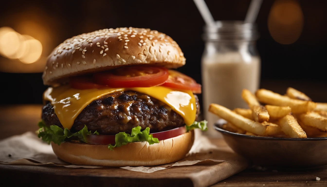 a top-down shot of a cheeseburger on a rustic wooden table, with sesame seeds sprinkled on the bun and a side of crispy golden fries, creating a classic American diner aesthetic