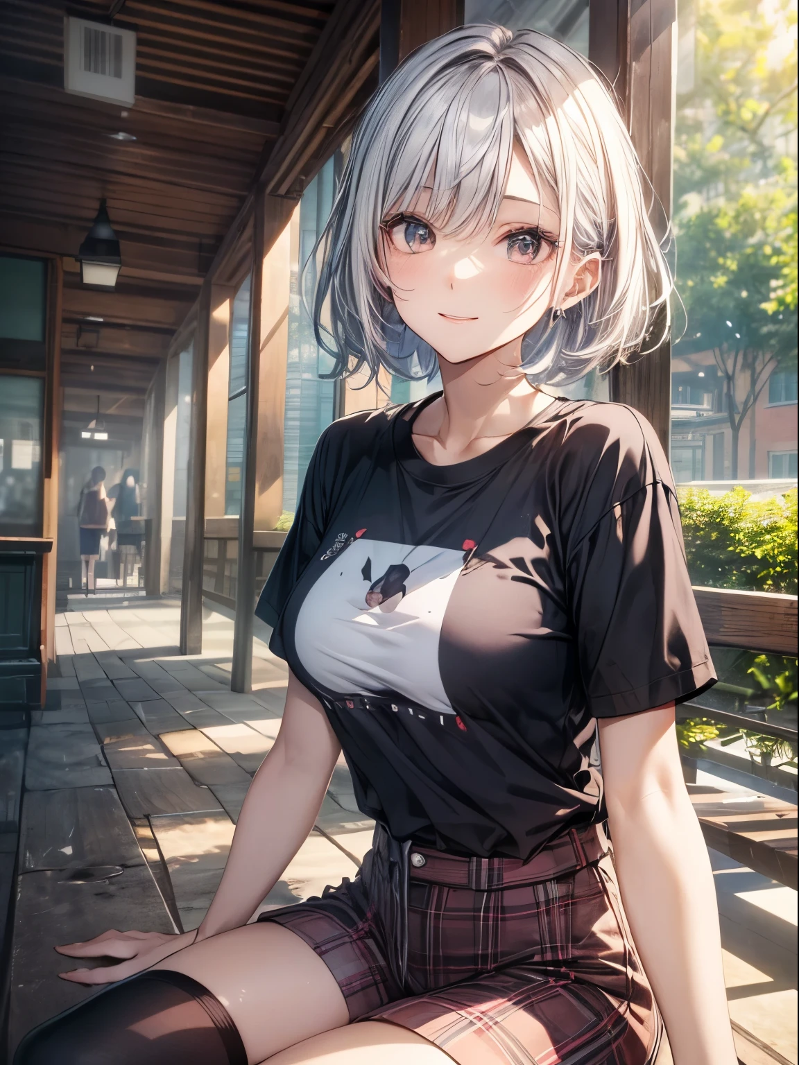 top-quality、Full limbs、complete fingers、Slender beauty、a 25yo woman、(Silver-haired woman)、short-hair、Beautiful Large Breasts、((Black short-sleeved T-shirt))、((red and black plaid shorts))、Black High Socks、A big smile、Street trees in Harajuku、squatting