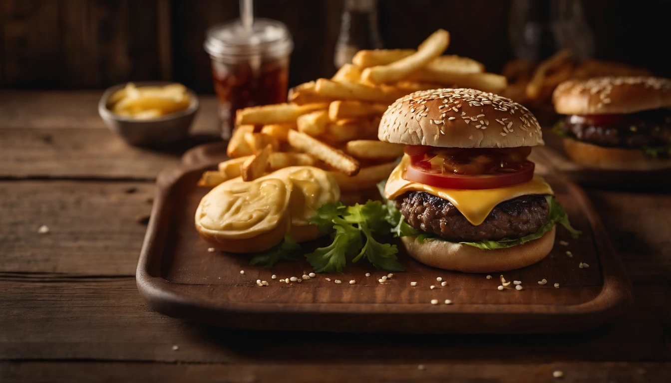 a top-down shot of a cheeseburger on a rustic wooden table, with sesame seeds sprinkled on the bun and a side of crispy golden fries, creating a classic American diner aesthetic