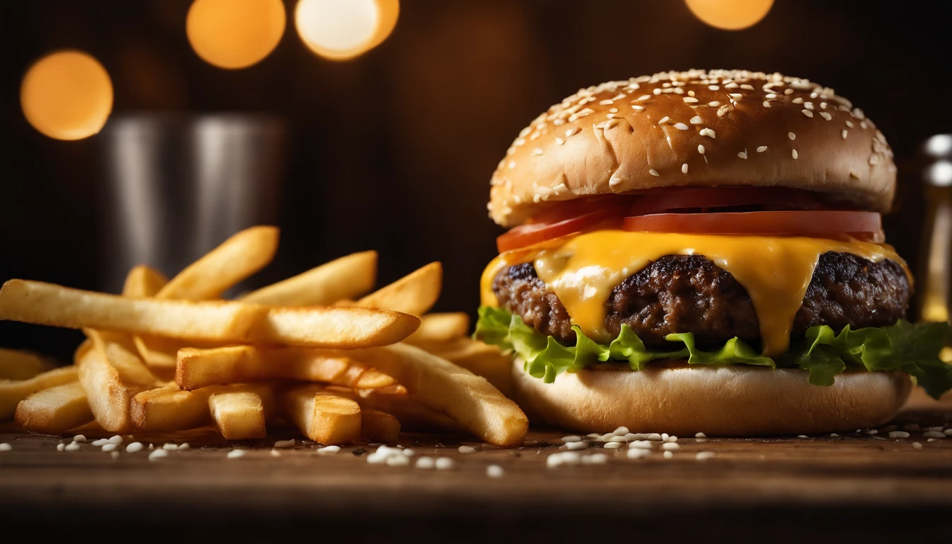 a top-down shot of a cheeseburger on a rustic wooden table, with sesame seeds sprinkled on the bun and a side of crispy golden fries, creating a classic American diner aesthetic