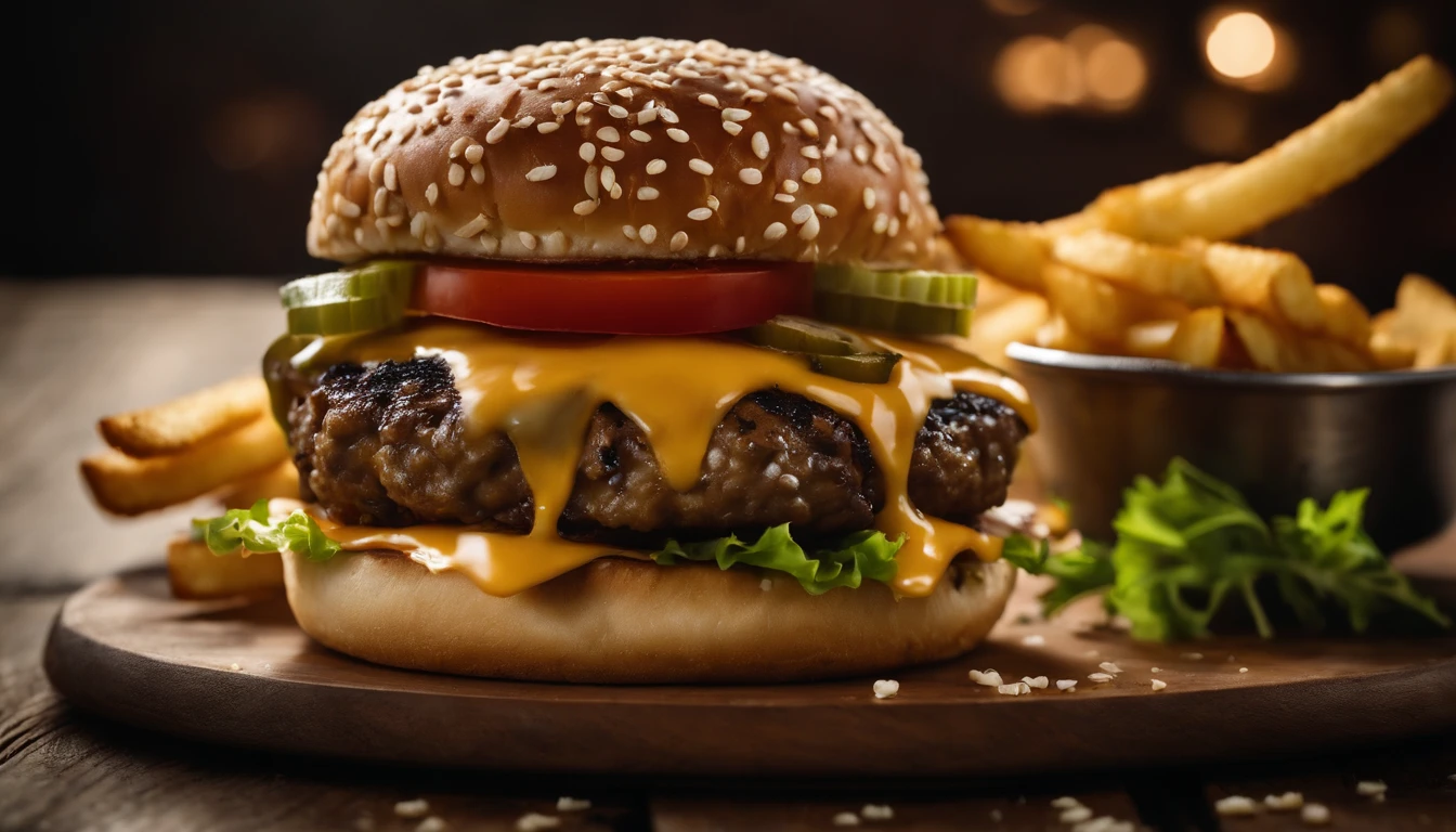 a top-down shot of a cheeseburger on a rustic wooden table, with sesame seeds sprinkled on the bun and a side of crispy golden fries, creating a classic American diner aesthetic