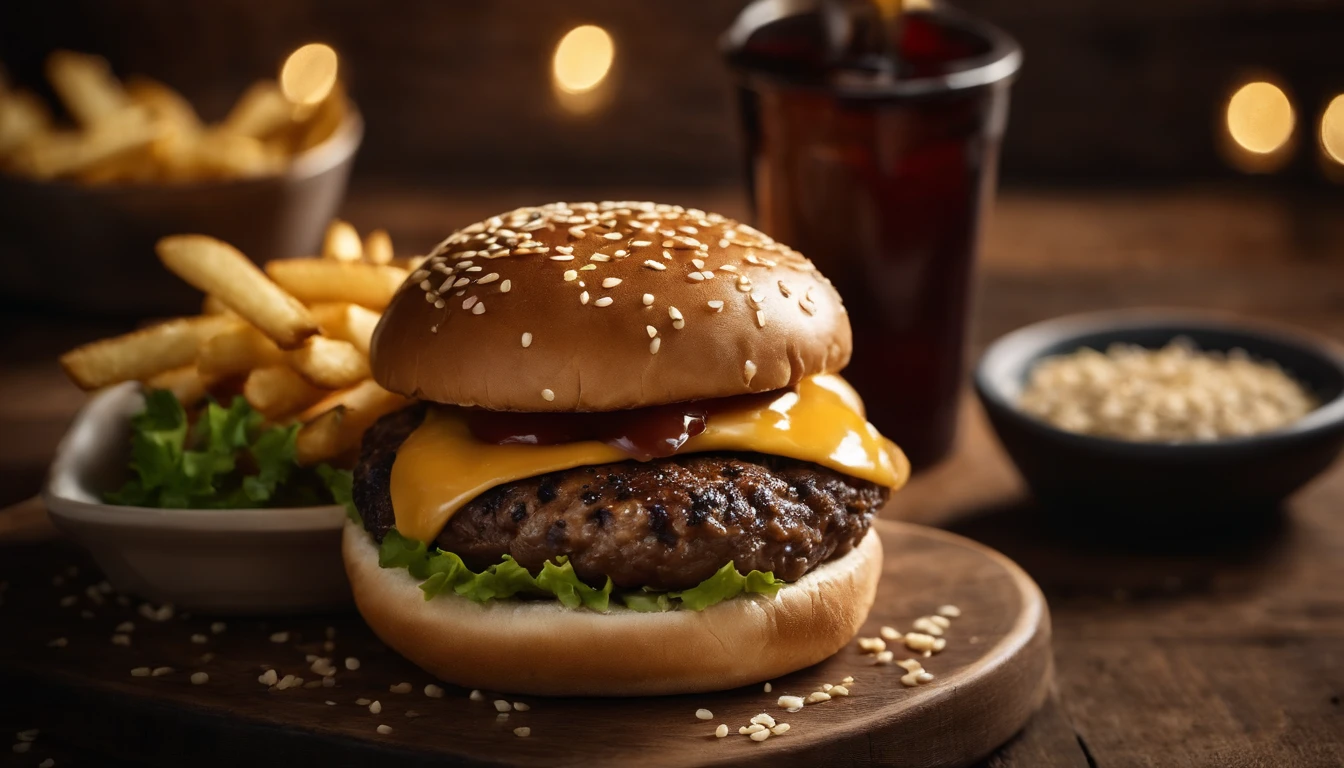 a top-down shot of a cheeseburger on a rustic wooden table, with sesame seeds sprinkled on the bun and a side of crispy golden fries, creating a classic American diner aesthetic