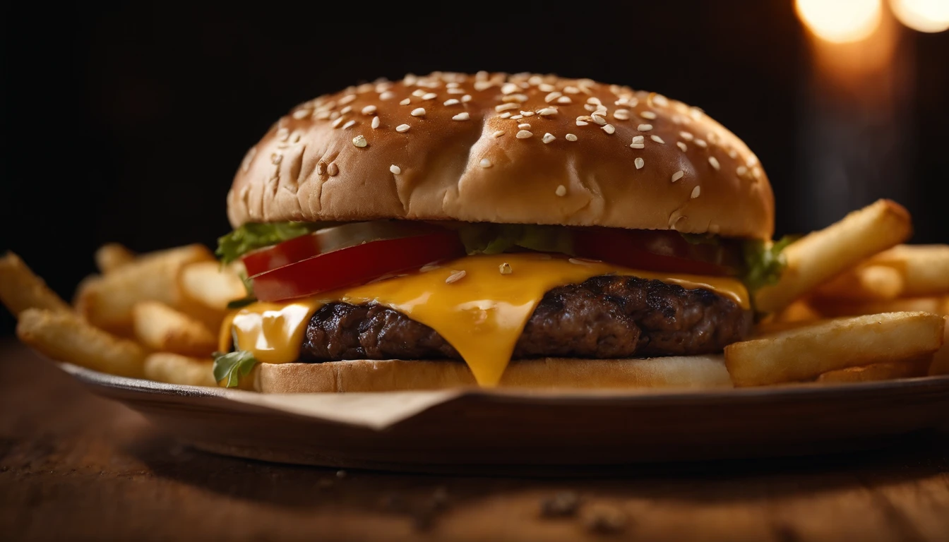 a top-down shot of a cheeseburger on a rustic wooden table, with sesame seeds sprinkled on the bun and a side of crispy golden fries, creating a classic American diner aesthetic