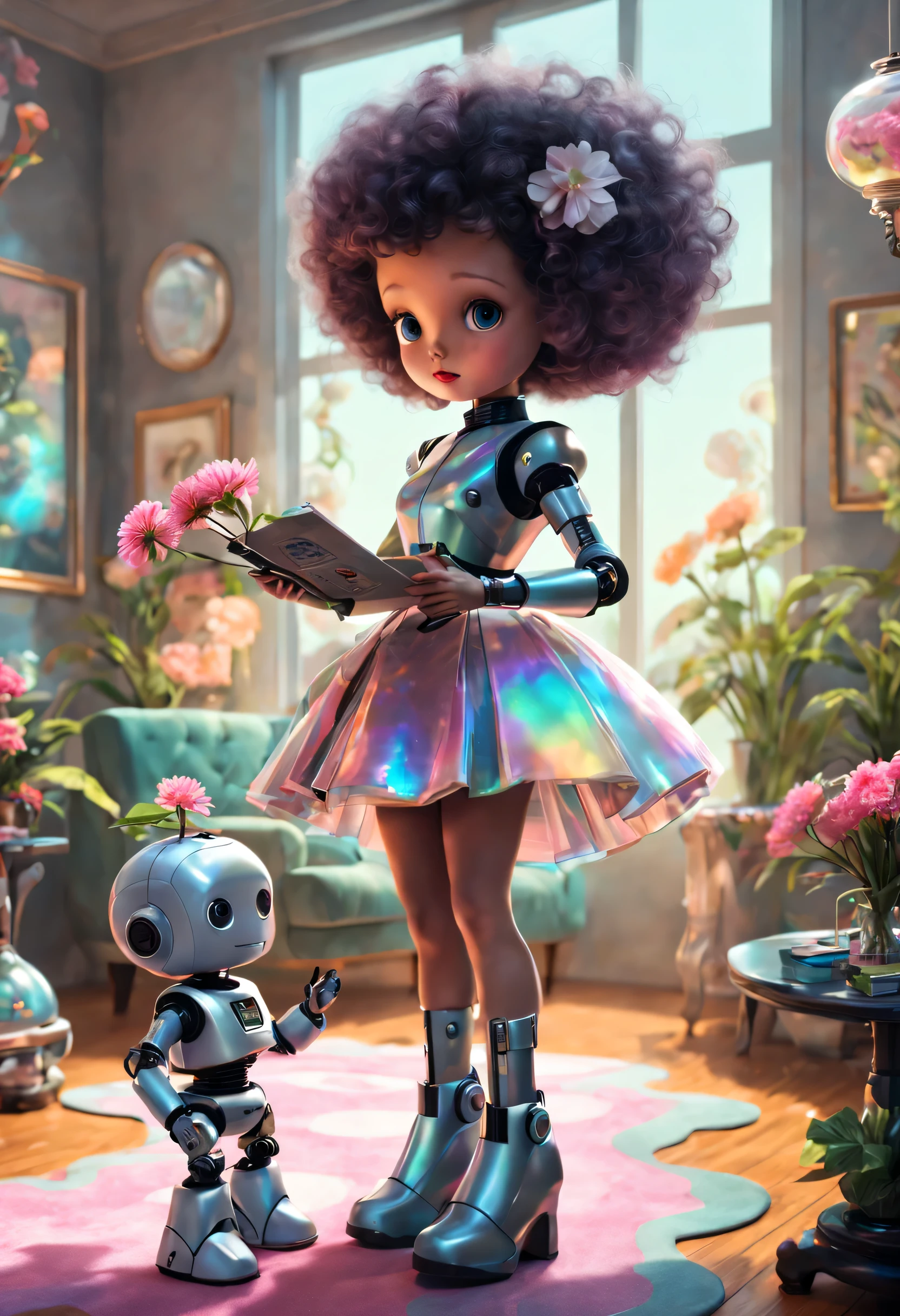 Retro-Future, Robot butler wears holographic retro skirt to read to curly-haired baby, In a surreal living room，There are strange flowers inside