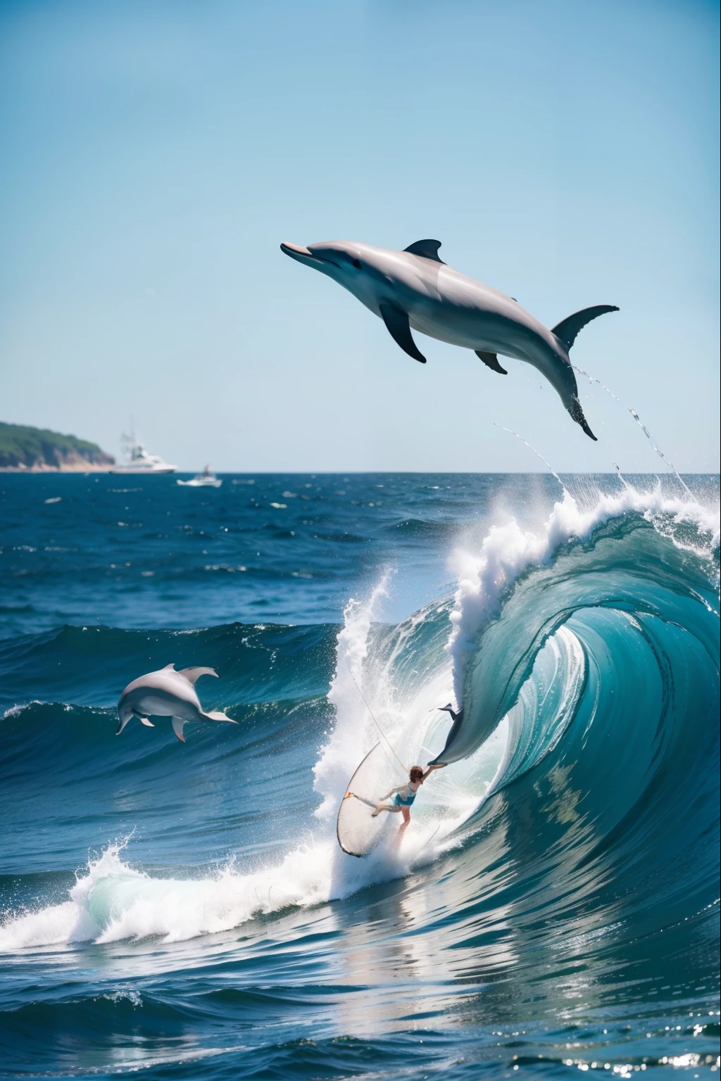 dolphins, jumpping, girl, swell sea,
