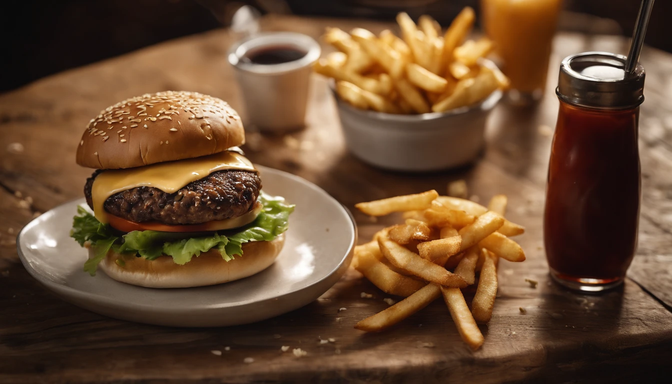 a top-down shot of a cheeseburger on a rustic wooden table, with sesame seeds sprinkled on the bun and a side of crispy golden fries, creating a classic American diner aesthetic