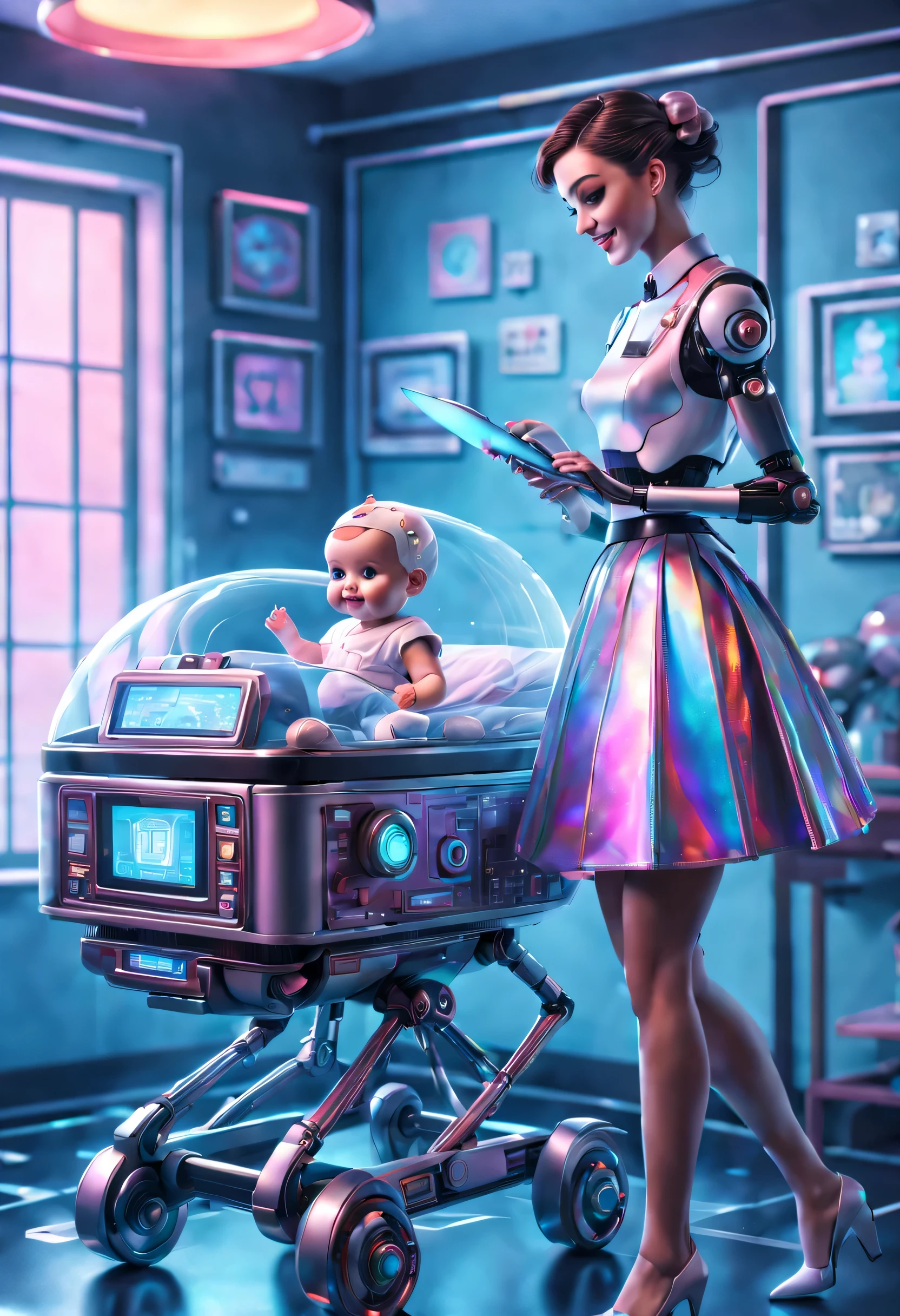 Future character design，Retro-Future，(Robot butler wearing holographic retro skirt，Smiling looking at cute human baby in cradle)，Nice room, 3D, Futuristic cyberpunk style，，like a dream