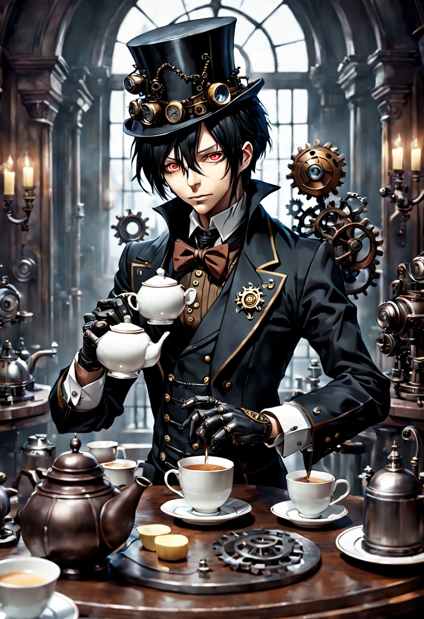 Sebastian from Black Butler as a handsome steampunk robot serving tea, intricate mechanics and elegant gears, photo-realistic. detailed matte painting, deep color, fantastical, intricate detail, splash screen, complementary colors, fantasy concept art, 8k resolution trending on Artstation Unreal Engine 5