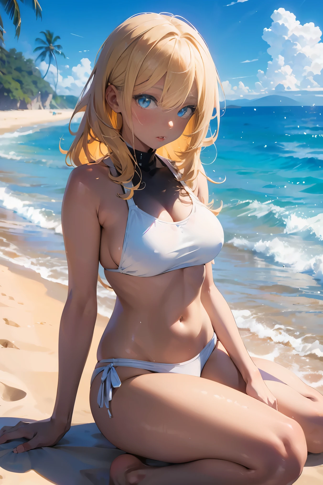 anime character, girl, 18 years old, gyaru, black skin, blonde hair, blue eyes, white bikini, on beach, 4k