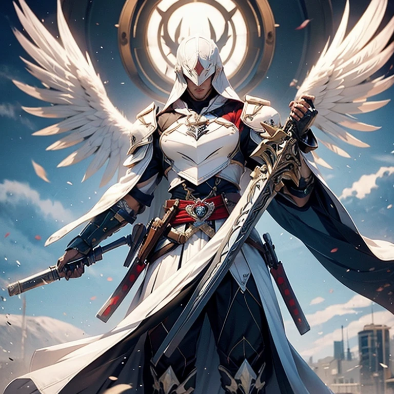 White hood，male people，hidden blade，Eagle beak hood，armor，White cloak，assassins creed，sci-fy，Long Gun，a shield，masked，helmet under hood，Mechanical wings，Skirt，Skirt armor